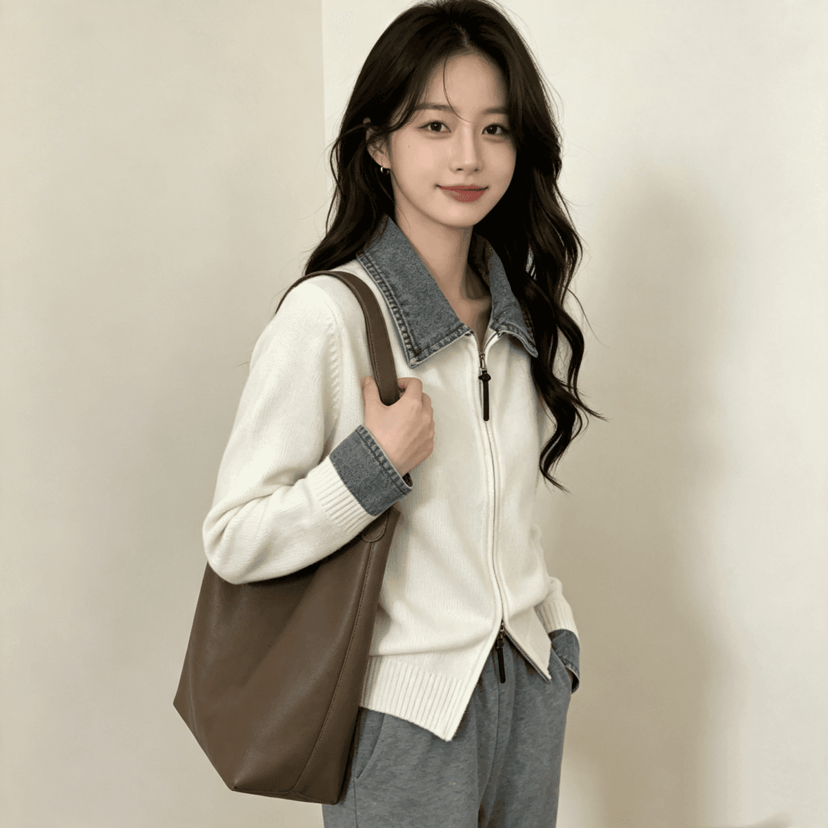 가을 겨울 새로운 POLO 칼라 데님 패치워크 니트 지퍼 오픈 가디건 캐주얼 다용도 스웨터 코트 맨위 여성 트렌디 상세 이미지 2