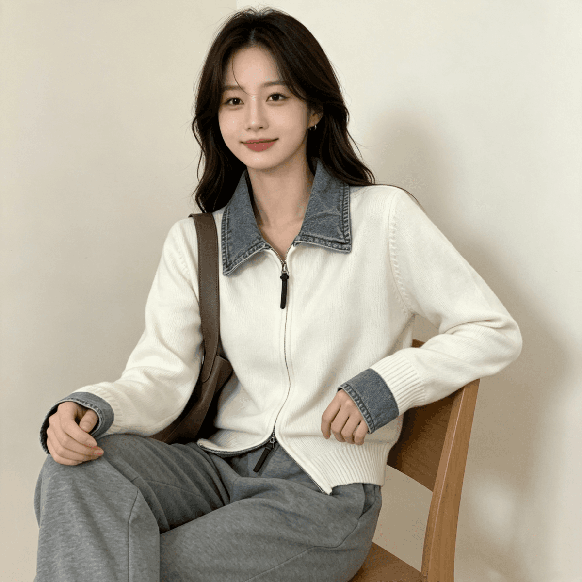 가을 겨울 새로운 POLO 칼라 데님 패치워크 니트 지퍼 오픈 가디건 캐주얼 다용도 스웨터 코트 맨위 여성 트렌디 상세 이미지 4
