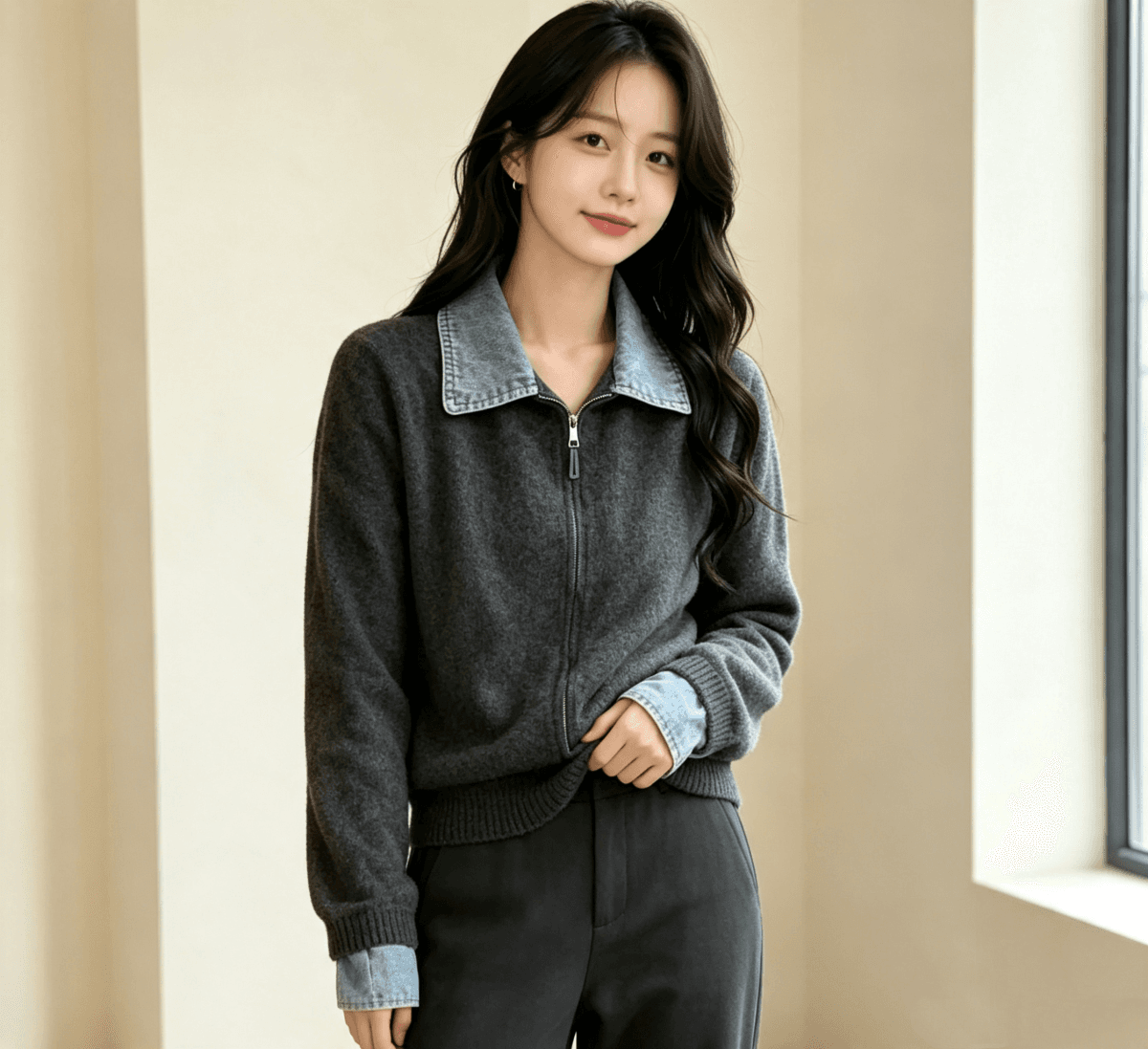 가을 겨울 새로운 POLO 칼라 데님 패치워크 니트 지퍼 오픈 가디건 캐주얼 다용도 스웨터 코트 맨위 여성 트렌디 상세 이미지 6