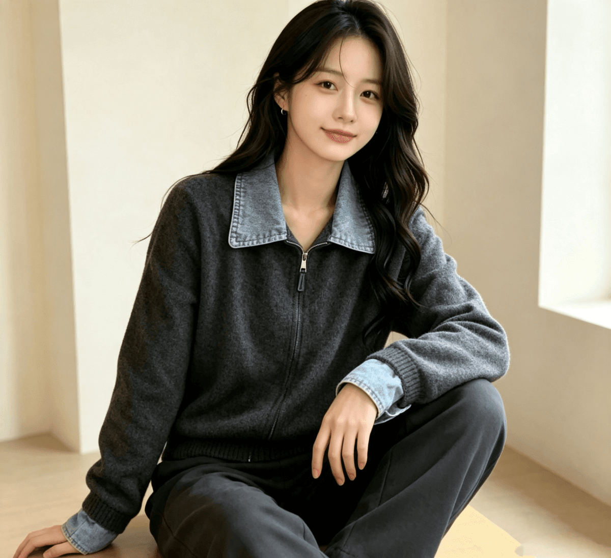 가을 겨울 새로운 POLO 칼라 데님 패치워크 니트 지퍼 오픈 가디건 캐주얼 다용도 스웨터 코트 맨위 여성 트렌디 상세 이미지 7