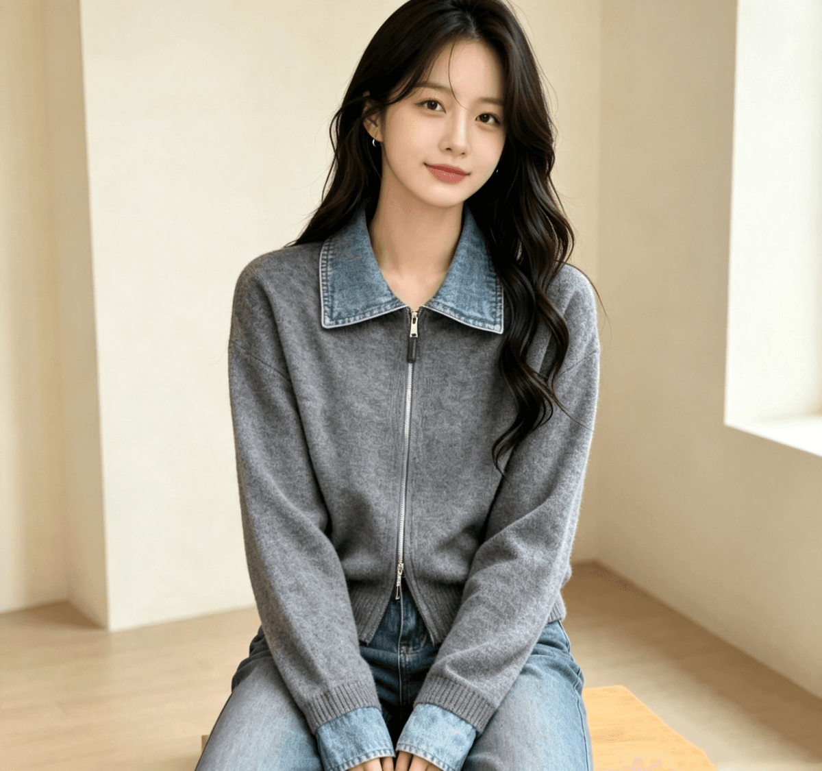 가을 겨울 새로운 POLO 칼라 데님 패치워크 니트 지퍼 오픈 가디건 캐주얼 다용도 스웨터 코트 맨위 여성 트렌디 상세 이미지 8