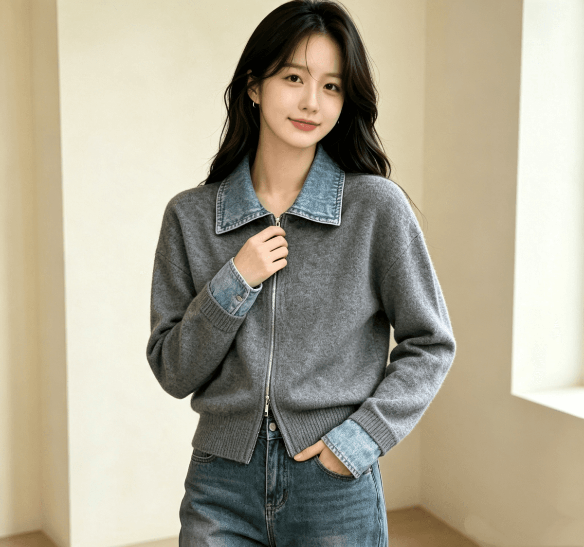 가을 겨울 새로운 POLO 칼라 데님 패치워크 니트 지퍼 오픈 가디건 캐주얼 다용도 스웨터 코트 맨위 여성 트렌디 상세 이미지 9