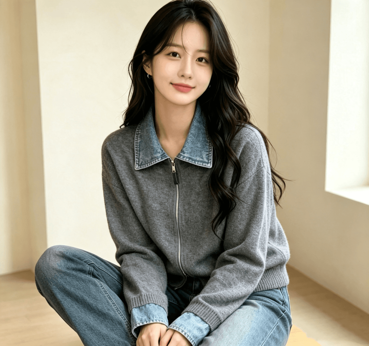 가을 겨울 새로운 POLO 칼라 데님 패치워크 니트 지퍼 오픈 가디건 캐주얼 다용도 스웨터 코트 맨위 여성 트렌디 상세 이미지 10