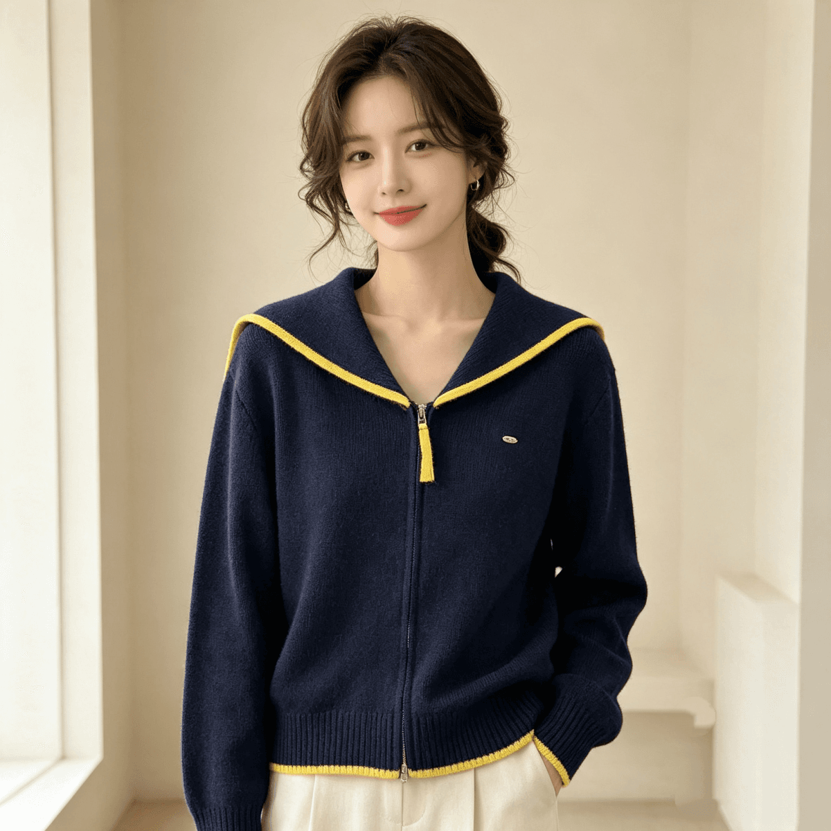 가을 겨울 새로운 해군 칼라 풀오버 니트 스웨터 맨위 재킷 상세 이미지 2
