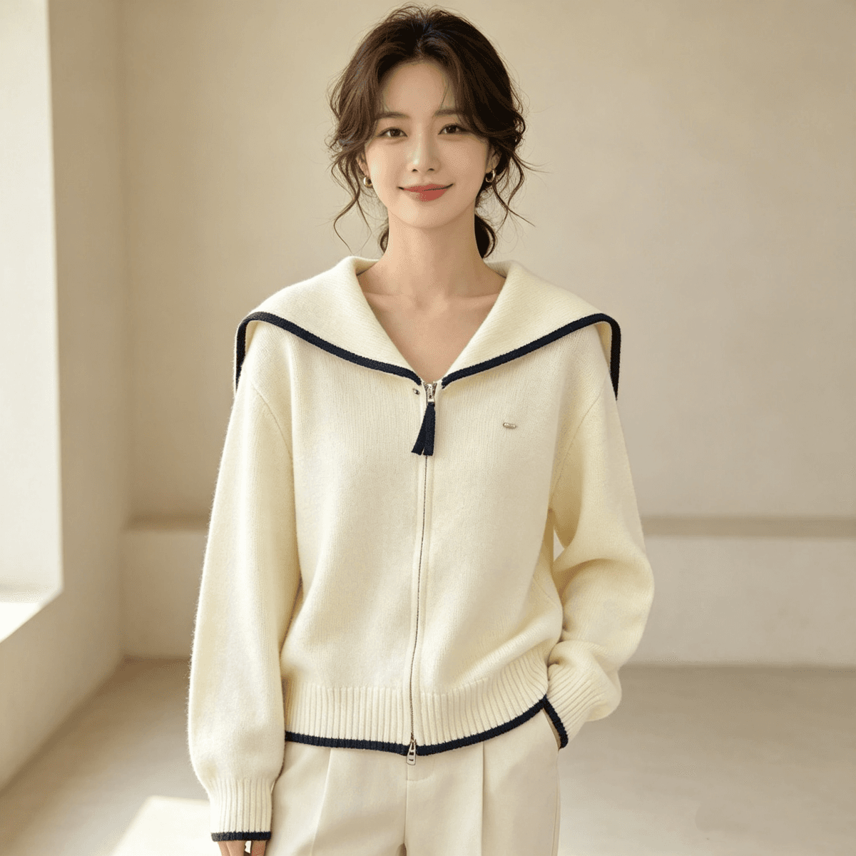 가을 겨울 새로운 해군 칼라 풀오버 니트 스웨터 맨위 재킷 상세 이미지 3