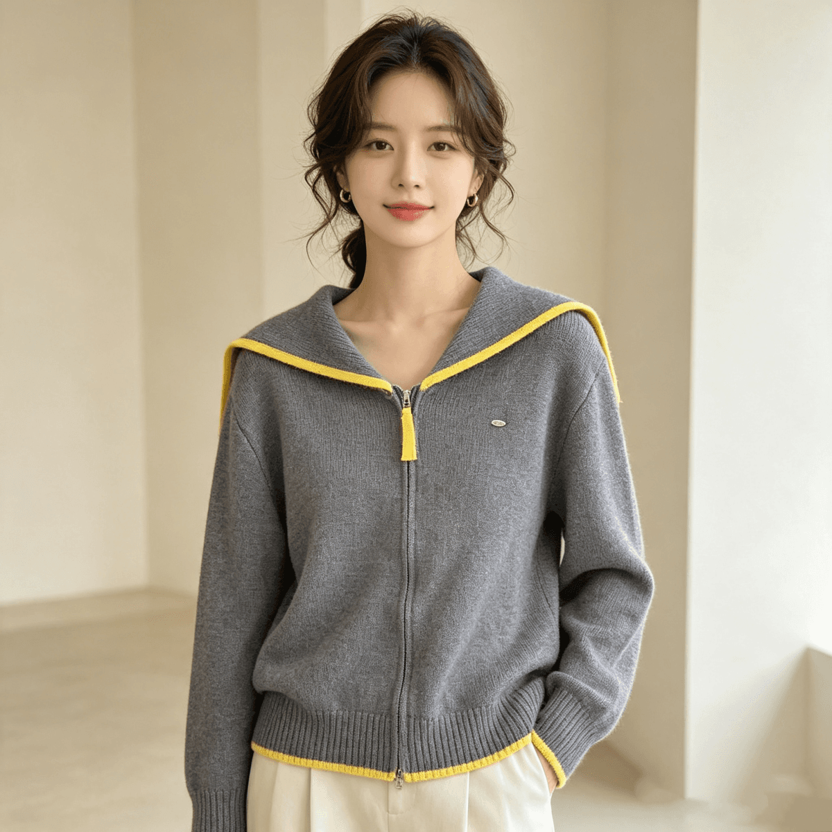 해군 베이비 칼라 가을 새로운 한 부서 패치워크 색상 루즈핏 슬림해 보이는 보온 부드러운 찹쌀 당겨서 달구다 오픈 가디건 스웨터 여자 재킷