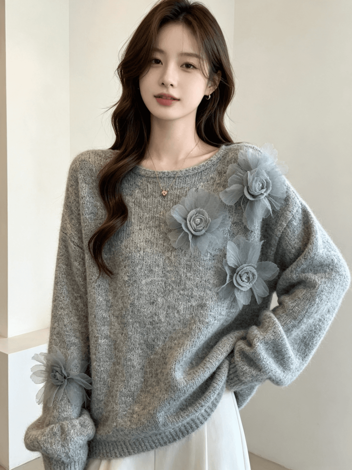 한 부서 가을과 겨울 패션 라운드 넥 3 차원 꽃 니트 풀오버 여성 루즈핏 슬림해 보이는 다용도 긴팔 맨위 이미지 2