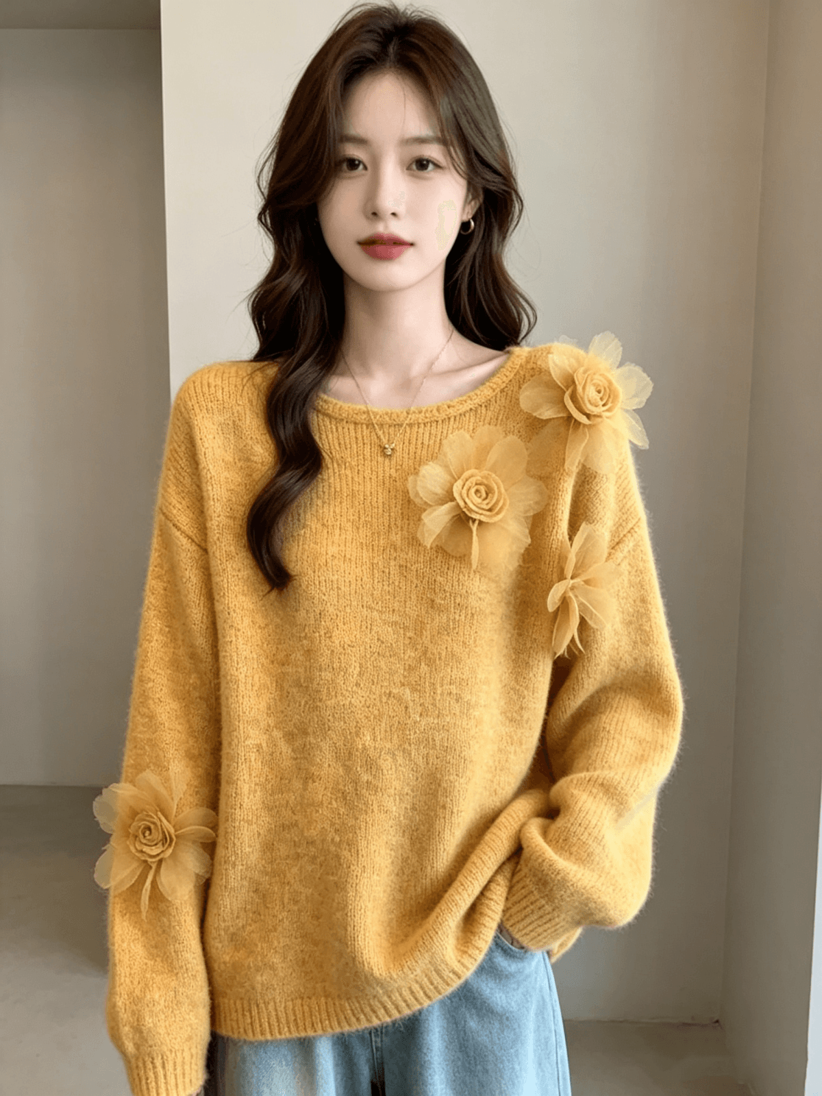 한 부서 가을과 겨울 패션 라운드 넥 3 차원 꽃 니트 풀오버 여성 루즈핏 슬림해 보이는 다용도 긴팔 맨위 상세 이미지 1