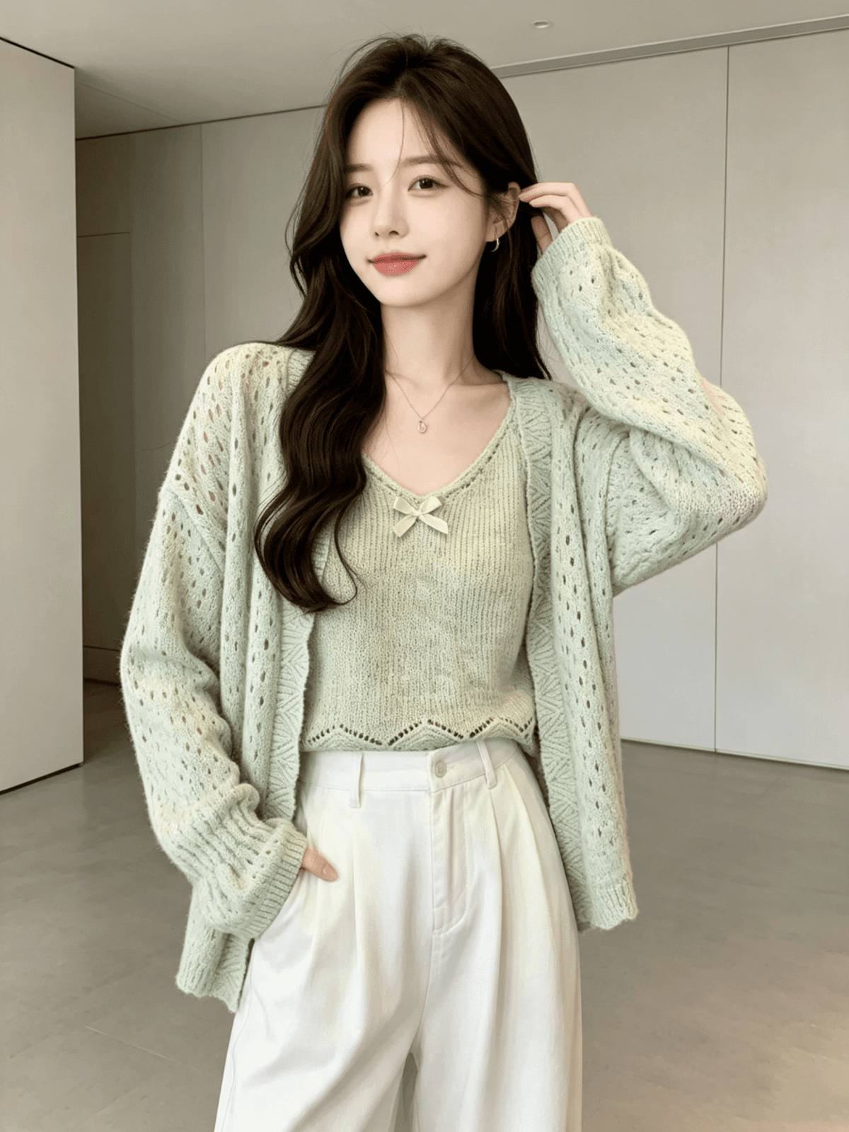 가을 겨울 새로운 절묘한 느긋한 바람 슬립 니트 스웨터 스웨터 2 세트 세트 상세 이미지 5