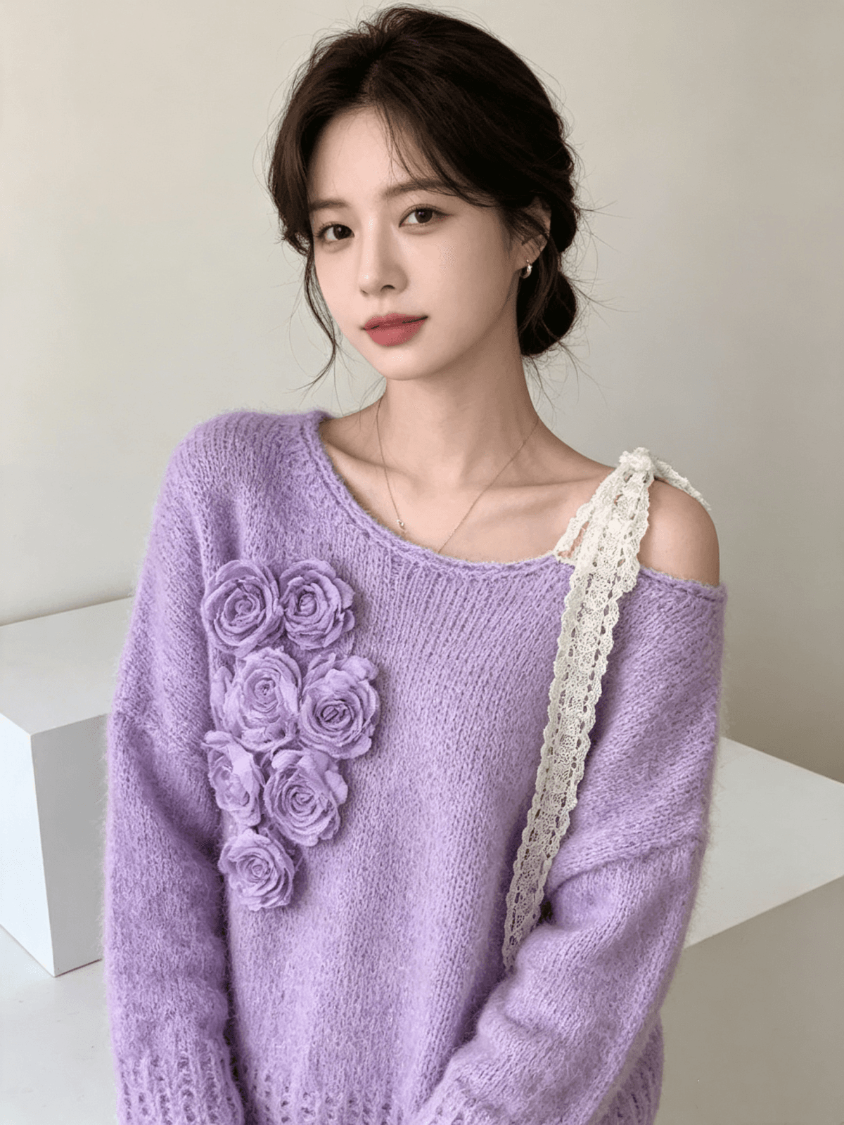 작은 샤넬 스타일 오프숄더 레이스업 무거운 작업 꽃 풀오버 니트 스웨터 달콤함 품격 다용도 스웨터 여자 상세 이미지 2