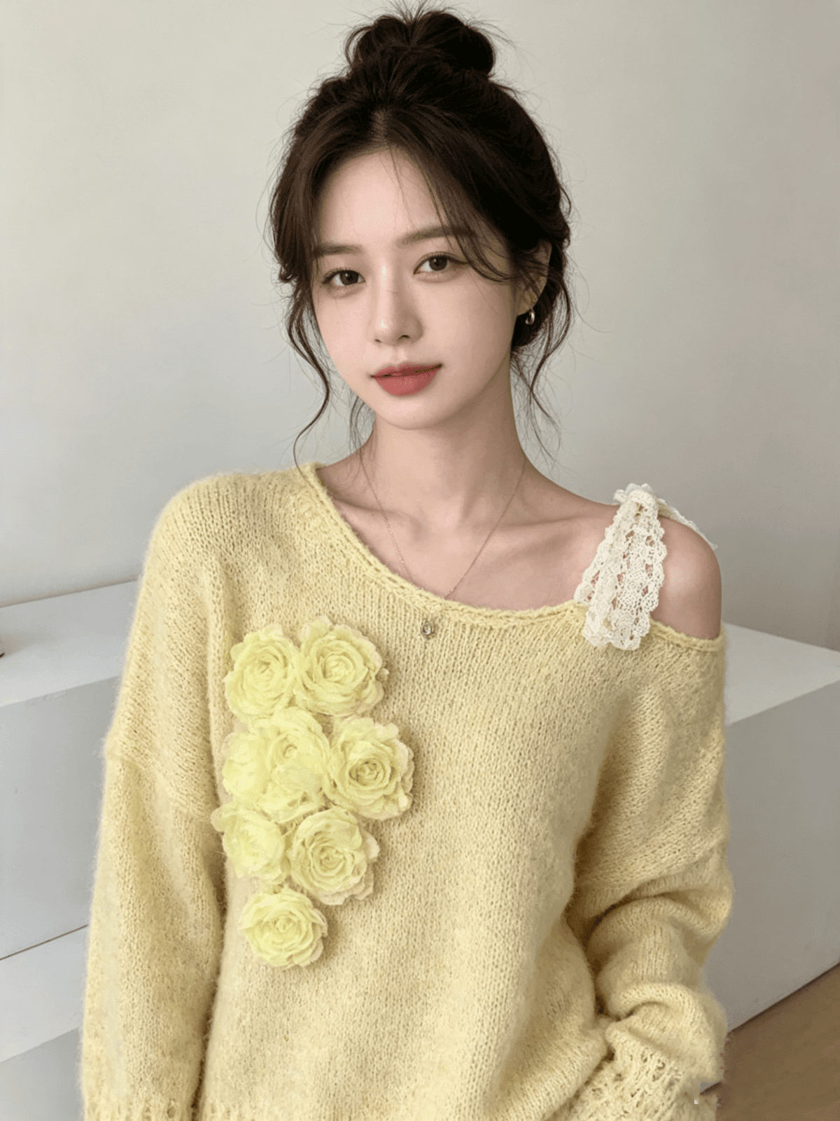 작은 샤넬 스타일 오프숄더 레이스업 무거운 작업 꽃 풀오버 니트 스웨터 달콤함 품격 다용도 스웨터 여자 상세 이미지 3