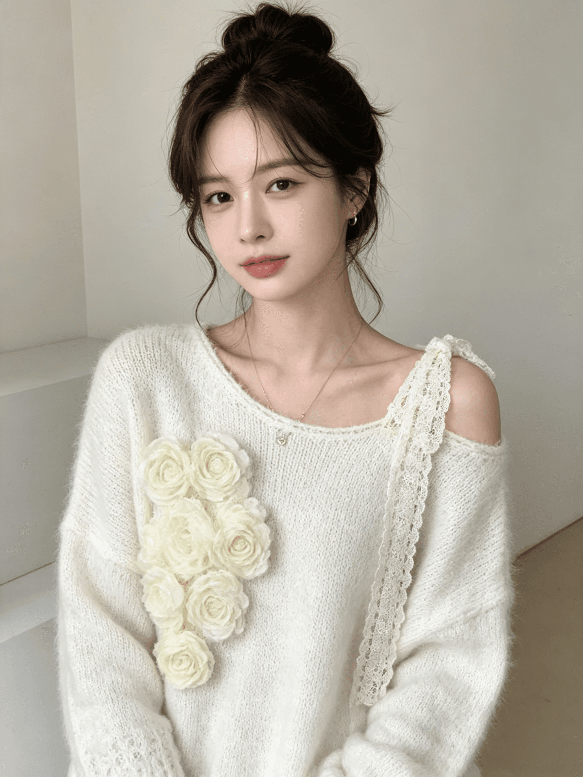 작은 샤넬 스타일 오프숄더 레이스업 무거운 작업 꽃 풀오버 니트 스웨터 달콤함 품격 다용도 스웨터 여자 상세 이미지 5