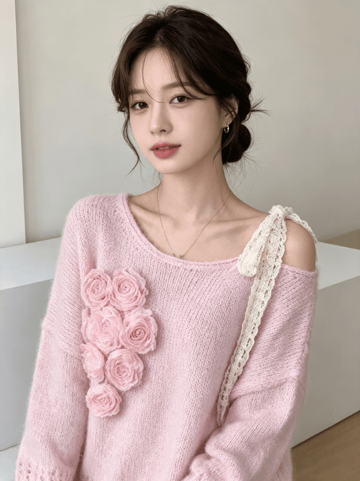 작은 샤넬 스타일 오프숄더 레이스업 무거운 작업 꽃 풀오버 니트 스웨터 달콤함 품격 다용도 스웨터 여자 상세 이미지 6