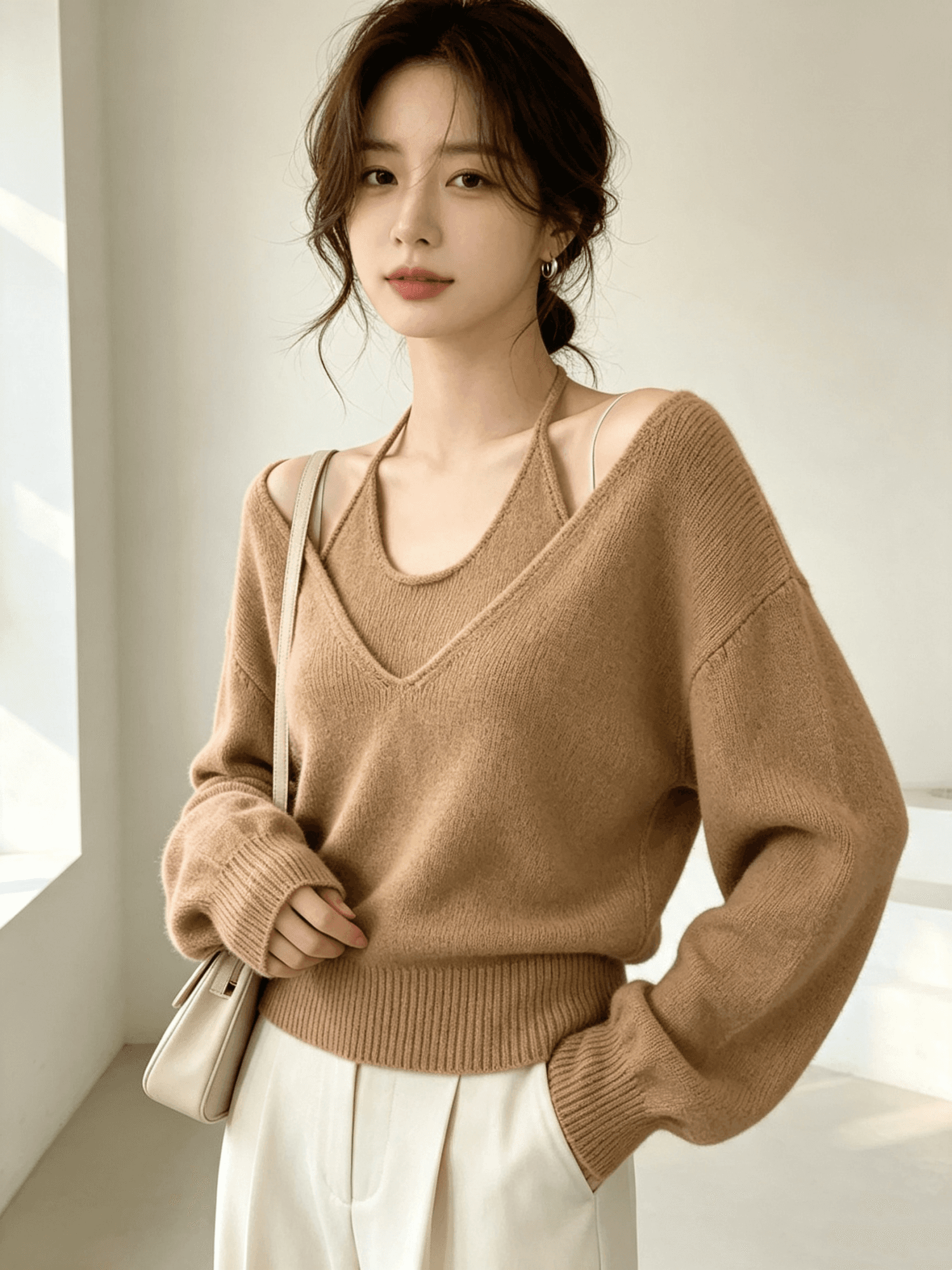 가을 겨울 새로운 작은 샤넬 스타일 패션 행침 목 니트 투피스 세트 스웨터 여자 상세 이미지 3