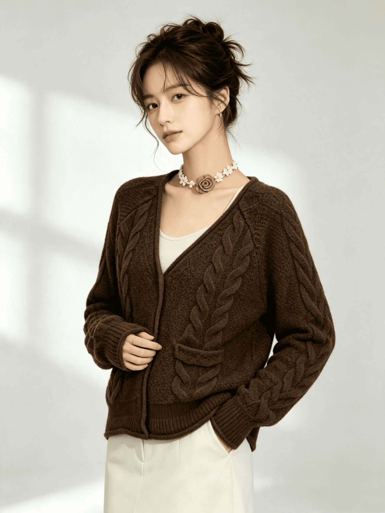 가을 겨울 새로운 꽈배기 주머니 니트 오픈 가디건 대기 패션 스웨터 여성 코트 트렌디 상세 이미지 1