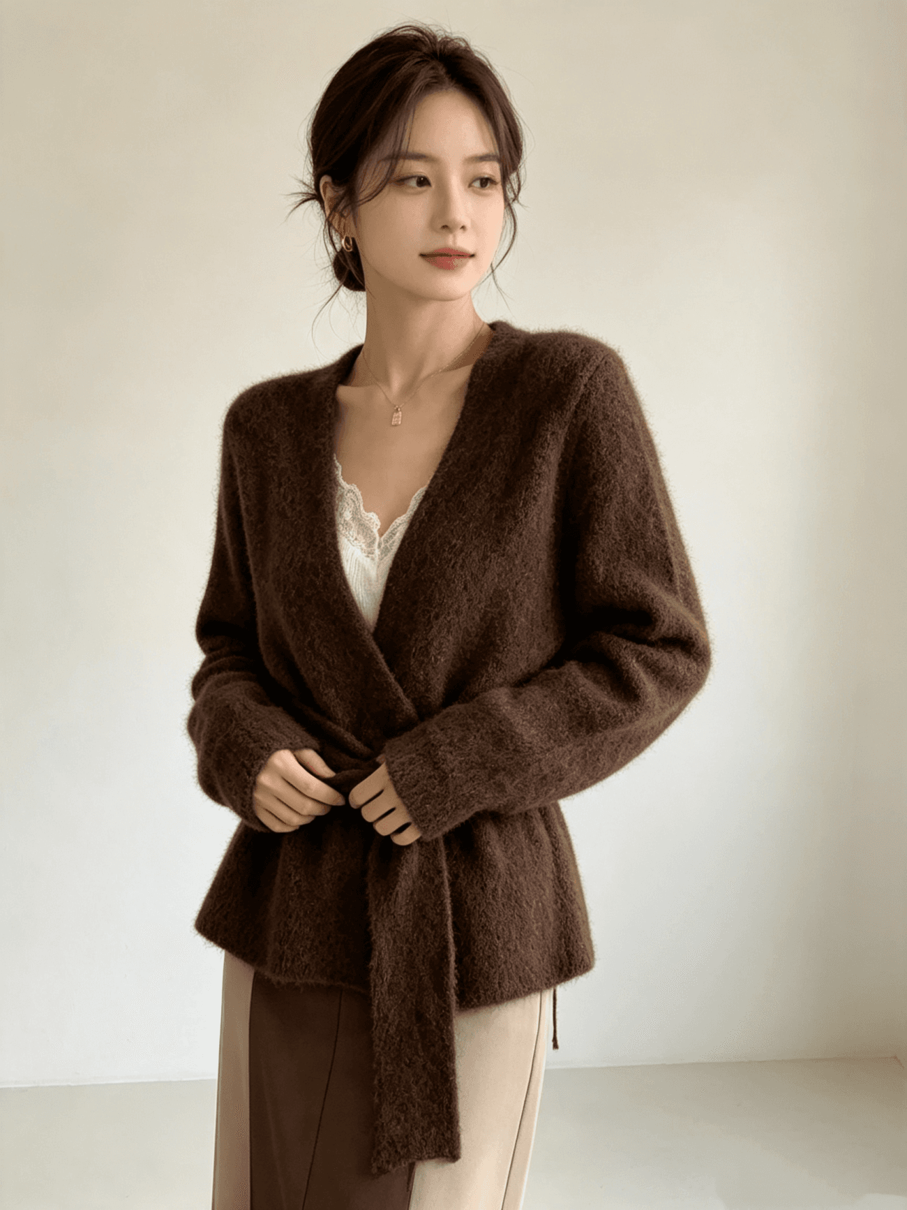 포함 양모 패션 대기 가을 겨울 새로운 레이스업 니트 오픈 가디건 다용도 V넥 스웨터 여성 코트 이미지 2