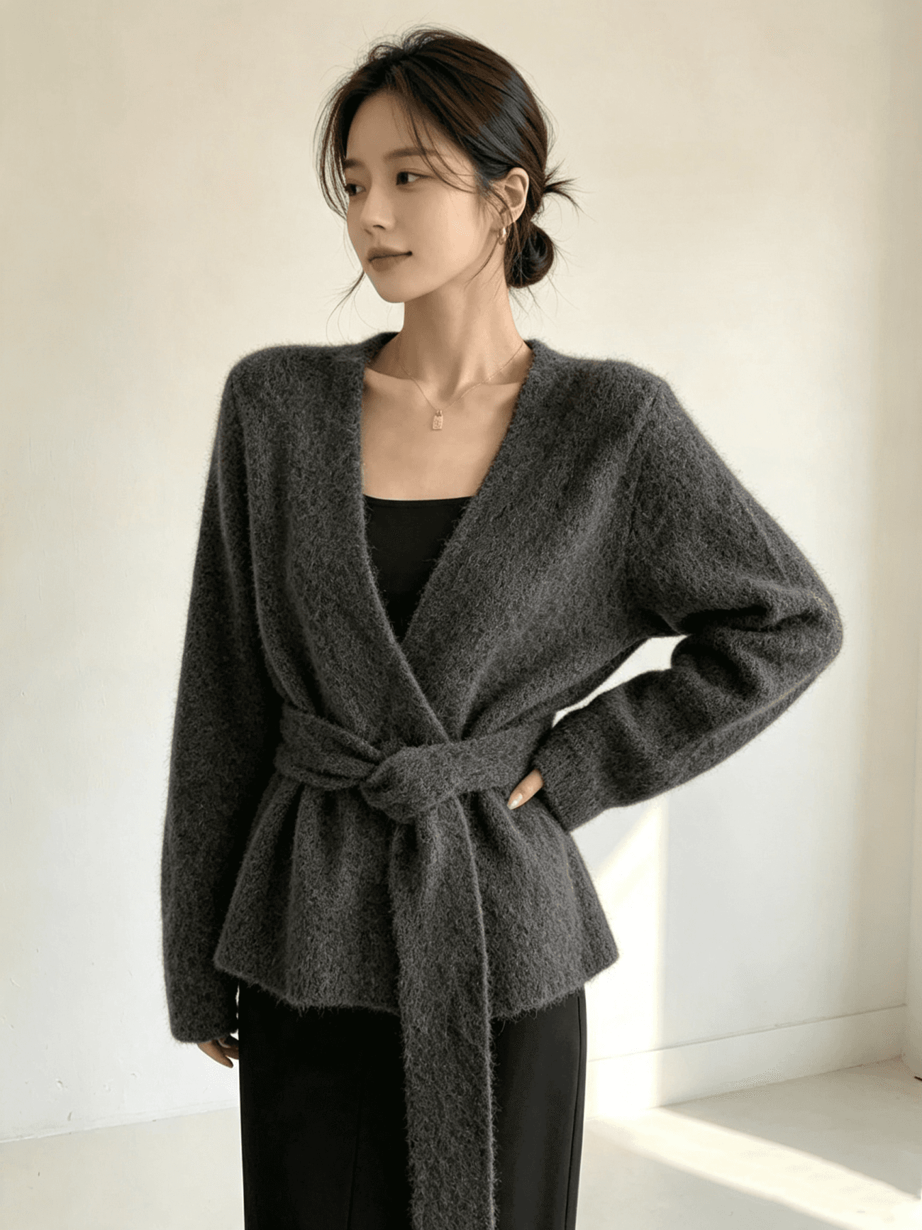 포함 양모 패션 대기 가을 겨울 새로운 레이스업 니트 오픈 가디건 다용도 V넥 스웨터 여성 코트 상세 이미지 1