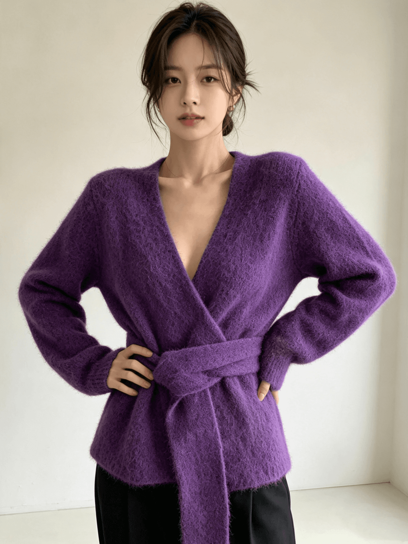 포함 양모 패션 대기 가을 겨울 새로운 레이스업 니트 오픈 가디건 다용도 V넥 스웨터 여성 코트 상세 이미지 3