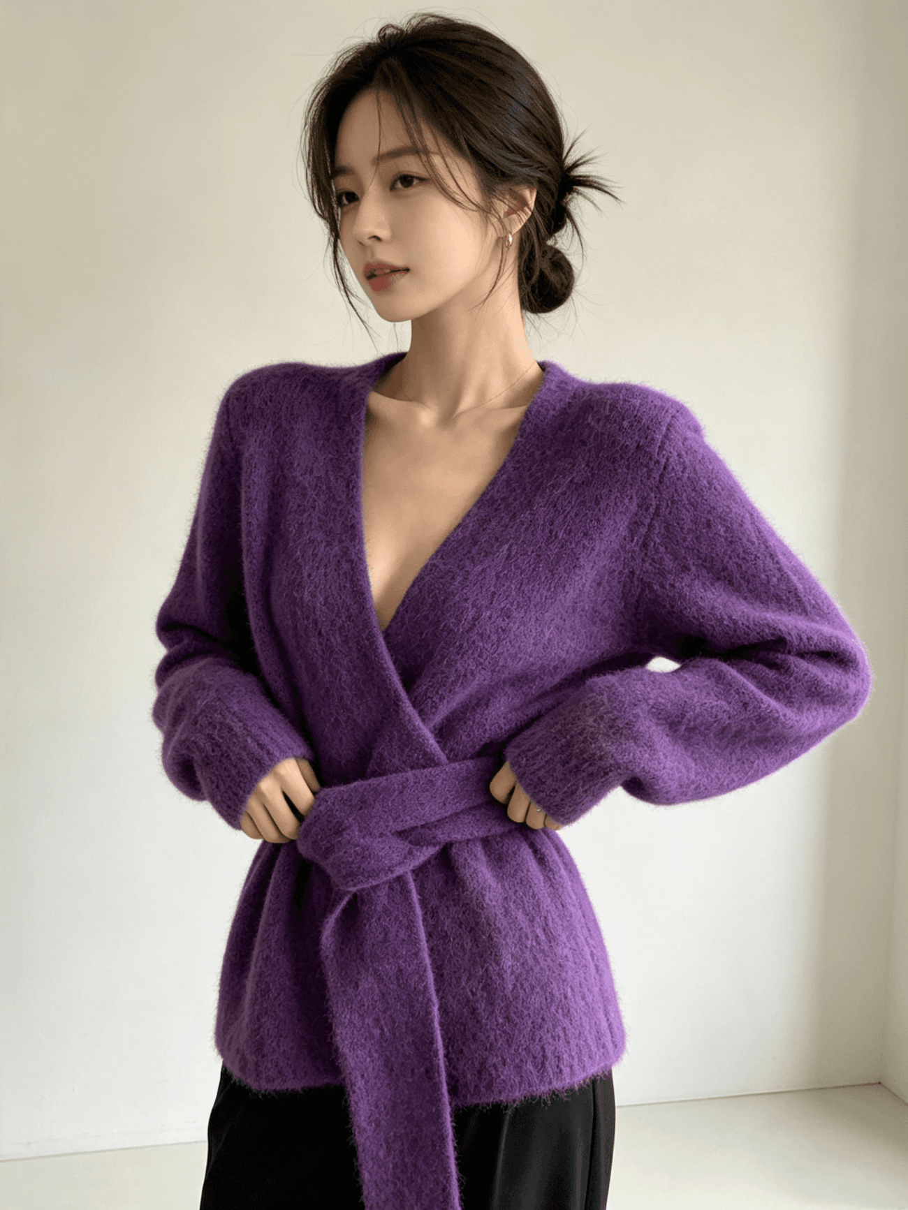 포함 양모 패션 대기 가을 겨울 새로운 레이스업 니트 오픈 가디건 다용도 V넥 스웨터 여성 코트 상세 이미지 4