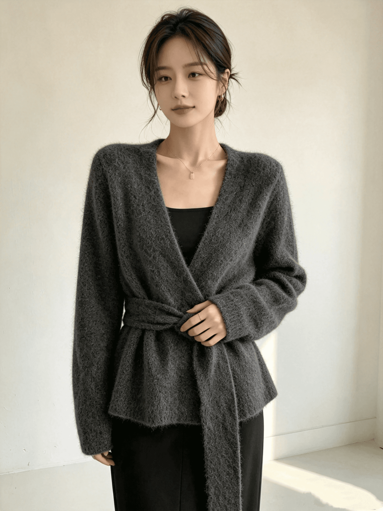 포함 양모 패션 대기 가을 겨울 새로운 레이스업 니트 오픈 가디건 다용도 V넥 스웨터 여성 코트 상세 이미지 7