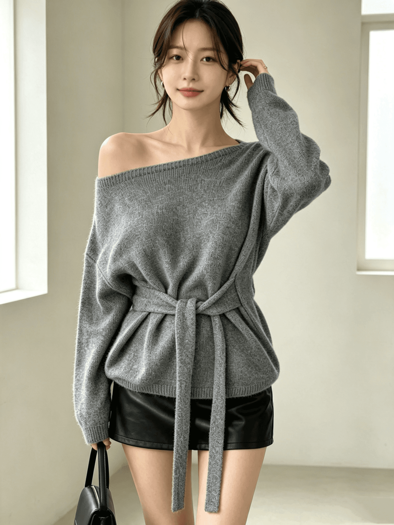 한국 chic 가을 의상 새로운 니트 스웨터 여성 가을 겨울 디자인 센스 레이스업 허리 수축 슬림해 보이는 오프숄더 쇄골 스웨터 이미지 3