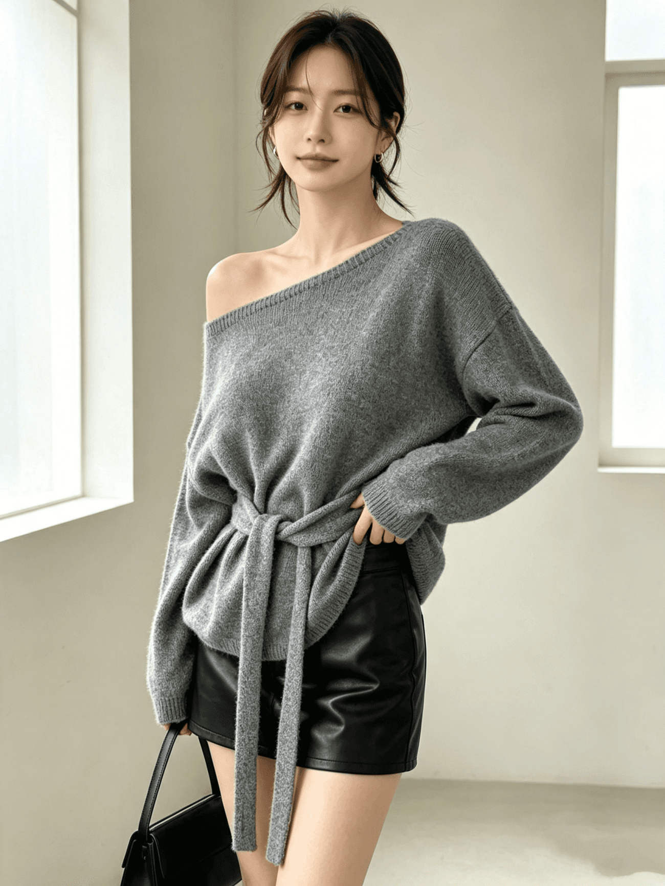 한국 chic 가을 의상 새로운 니트 스웨터 여성 가을 겨울 디자인 센스 레이스업 허리 수축 슬림해 보이는 오프숄더 쇄골 스웨터 상세 이미지 4