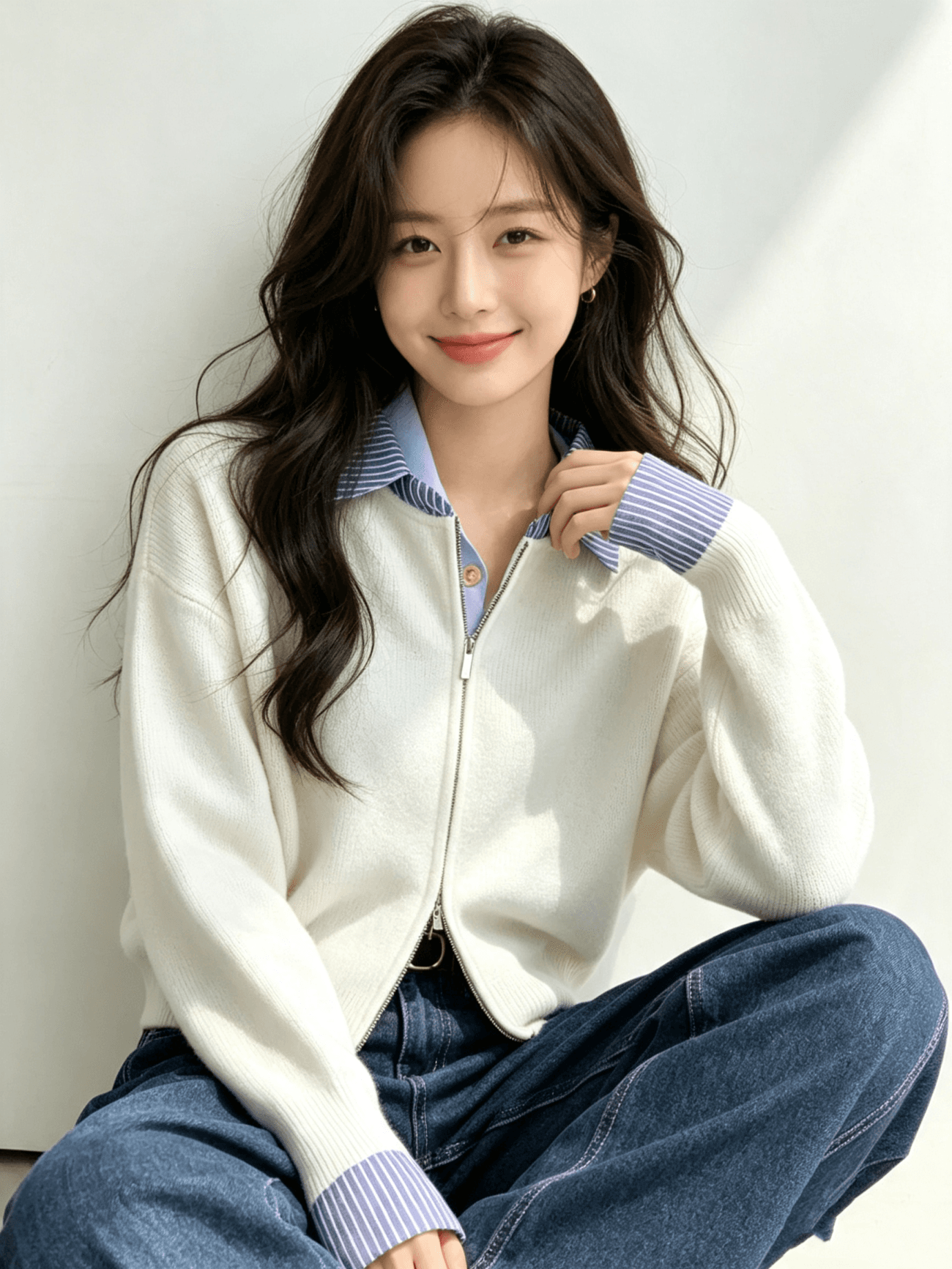 한 부서 페이크 레이어드 폴로 칼라 니트 오픈 가디건 스웨터 여성 코트 품격 디자인 센스 고급 센스 지퍼 열기 셔츠 여성 이미지 3