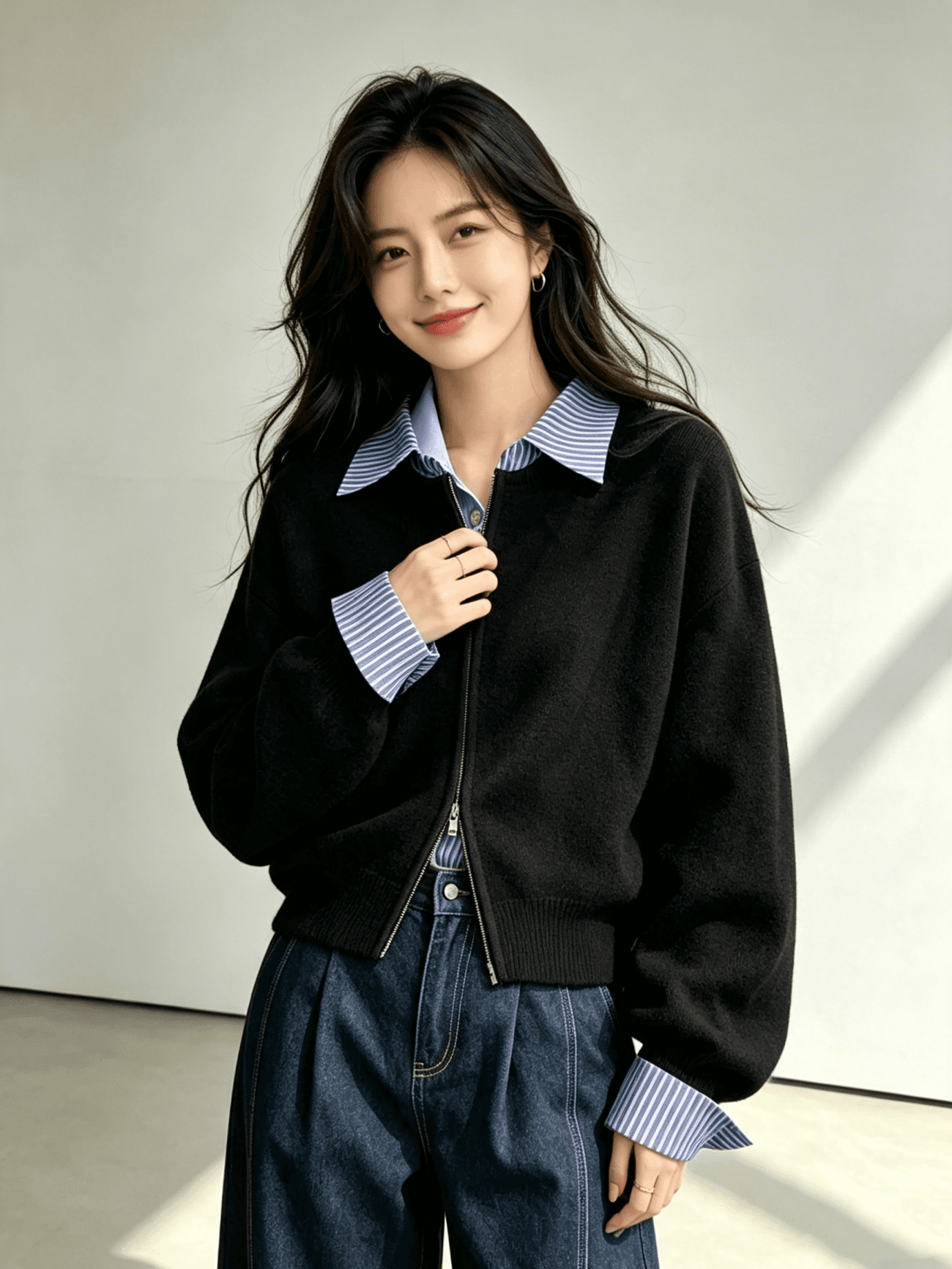 한 부서 페이크 레이어드 폴로 칼라 니트 오픈 가디건 스웨터 여성 코트 품격 디자인 센스 고급 센스 지퍼 열기 셔츠 여성 상세 이미지 7