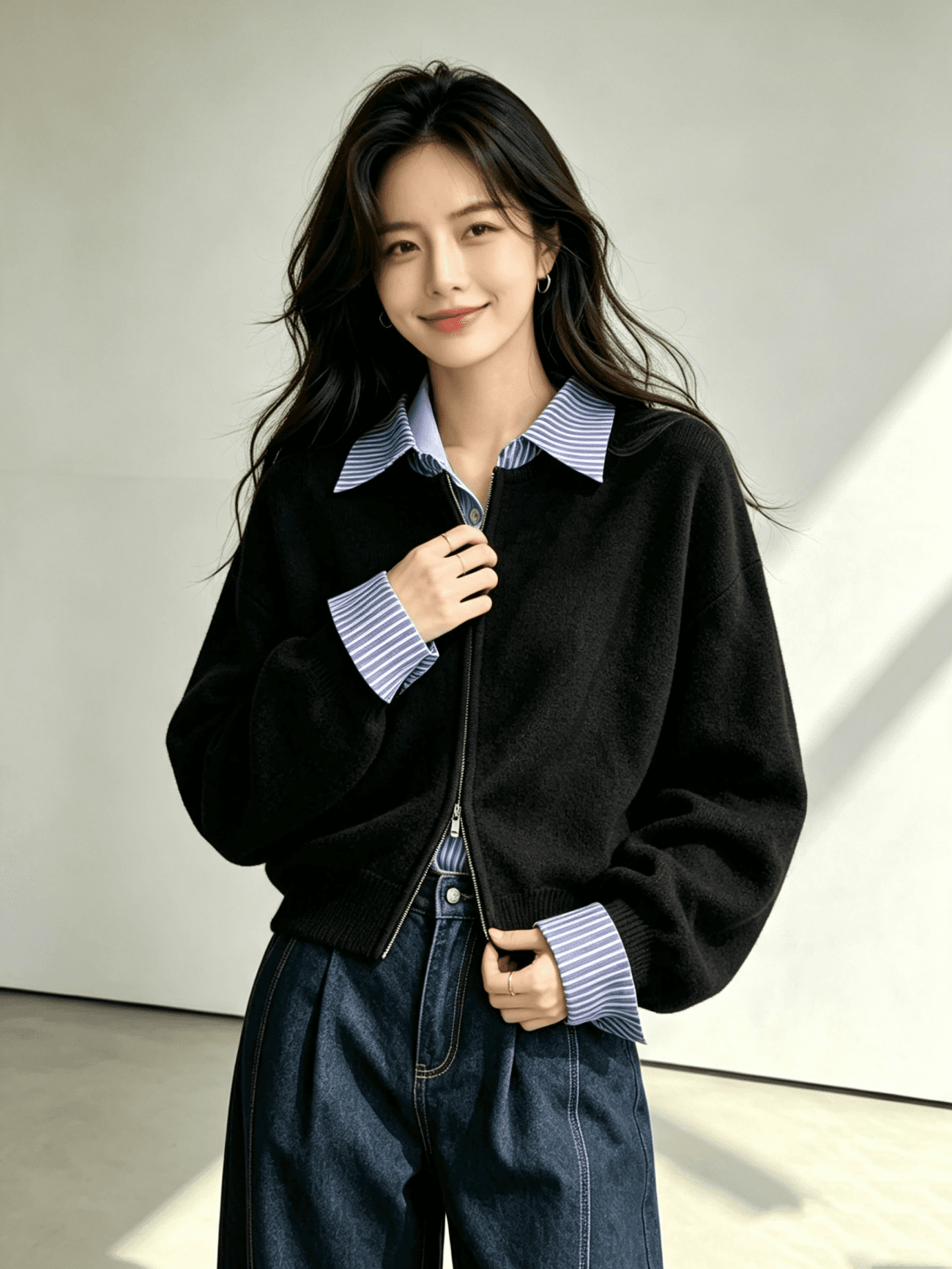 한 부서 페이크 레이어드 폴로 칼라 니트 오픈 가디건 스웨터 여성 코트 품격 디자인 센스 고급 센스 지퍼 열기 셔츠 여성 상세 이미지 8
