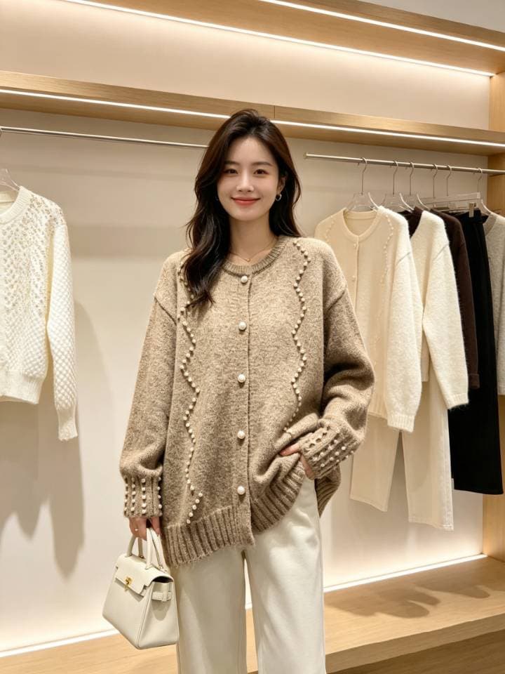 가을 겨울 새로운 느긋한 바람 루즈핏 스웨터 니트 스웨터 무거운 작업 비즈 박기 빅 사이즈 달콤함 스웨터 여성 코트 이미지 2