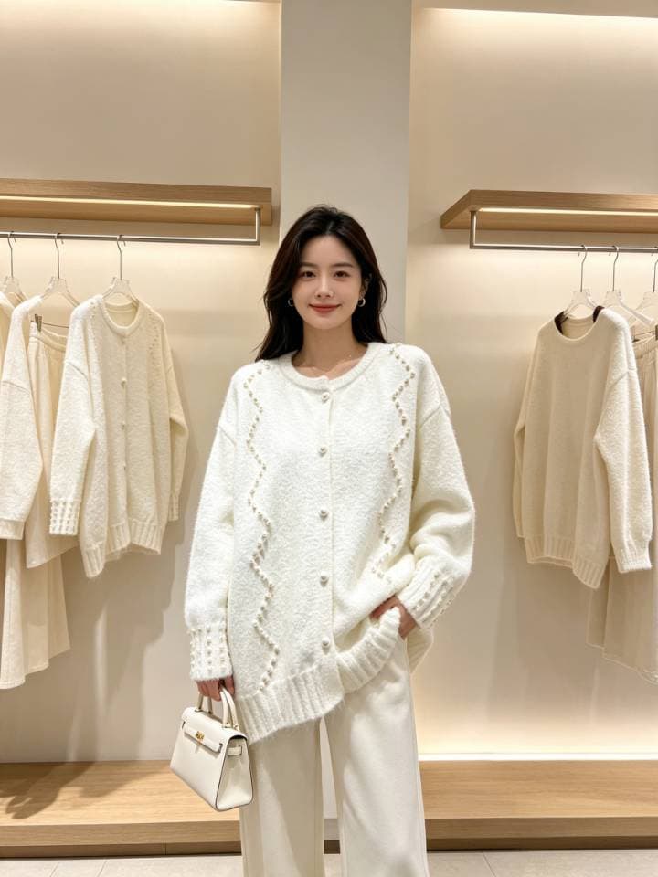 가을 겨울 새로운 느긋한 바람 루즈핏 스웨터 니트 스웨터 무거운 작업 비즈 박기 빅 사이즈 달콤함 스웨터 여성 코트 이미지 4