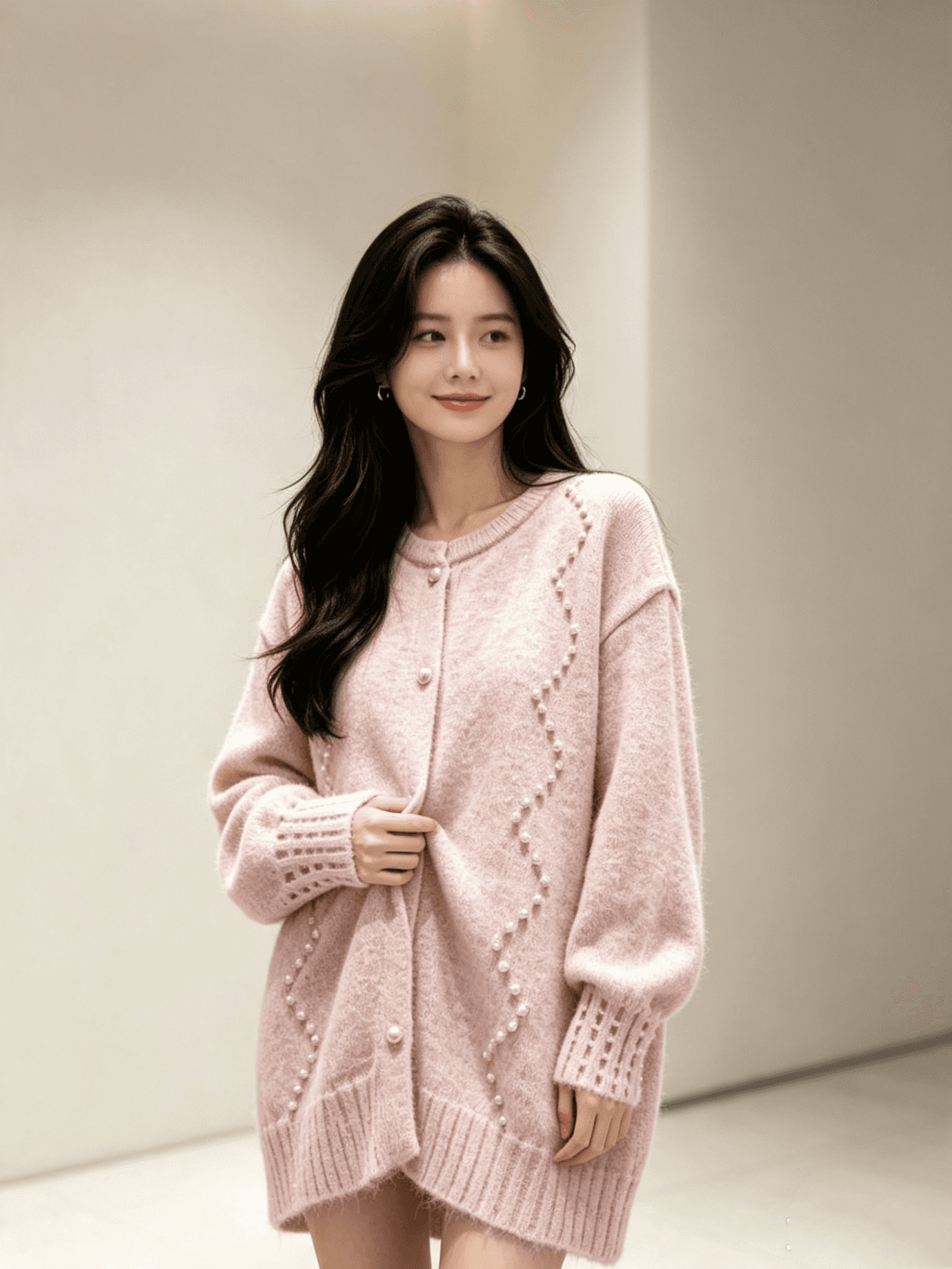 가을 겨울 새로운 느긋한 바람 루즈핏 스웨터 니트 스웨터 무거운 작업 비즈 박기 빅 사이즈 달콤함 스웨터 여성 코트 상세 이미지 1
