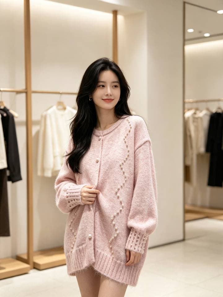 가을 겨울 새로운 느긋한 바람 루즈핏 스웨터 니트 스웨터 무거운 작업 비즈 박기 빅 사이즈 달콤함 스웨터 여성 코트 상세 이미지 6