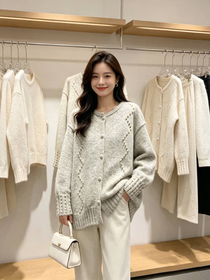 가을 겨울 새로운 느긋한 바람 루즈핏 스웨터 니트 스웨터 무거운 작업 비즈 박기 빅 사이즈 달콤함 스웨터 여성 코트 상세 이미지 8