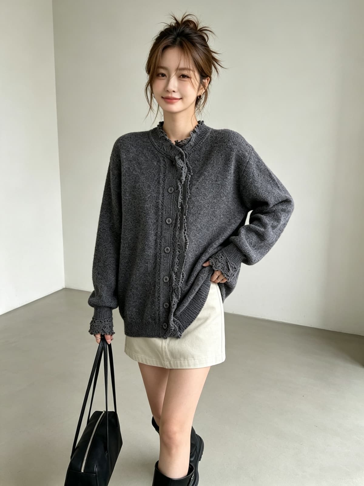 디자인 센스 부드러운 품격 홀로우 아웃 레이스 부드러운 찹쌀 스웨터 양모 편안함 니트 오픈 가디건 2025 겨울 맨위 여성