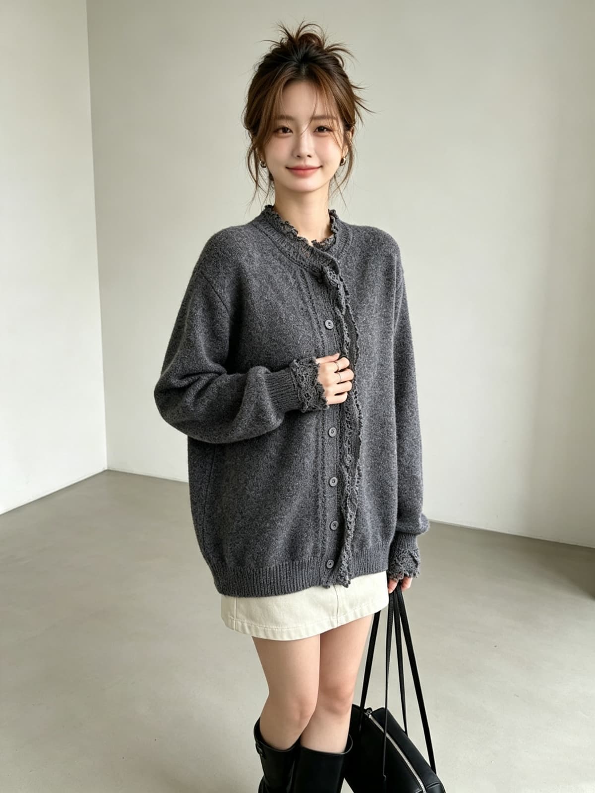 디자인 센스 부드러운 품격 홀로우 아웃 레이스 부드러운 찹쌀 스웨터 양모 편안함 니트 오픈 가디건 2025 겨울 맨위 여성 이미지 3