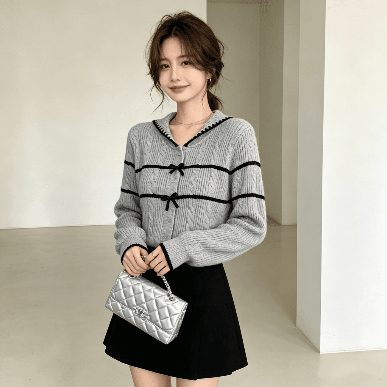 다우 시시 cheese 성 인사이드 ~ 중 소녀 겨울 고급 센스 패션 꽈배기 니트 오픈 가디건 여성 코트 두꺼운