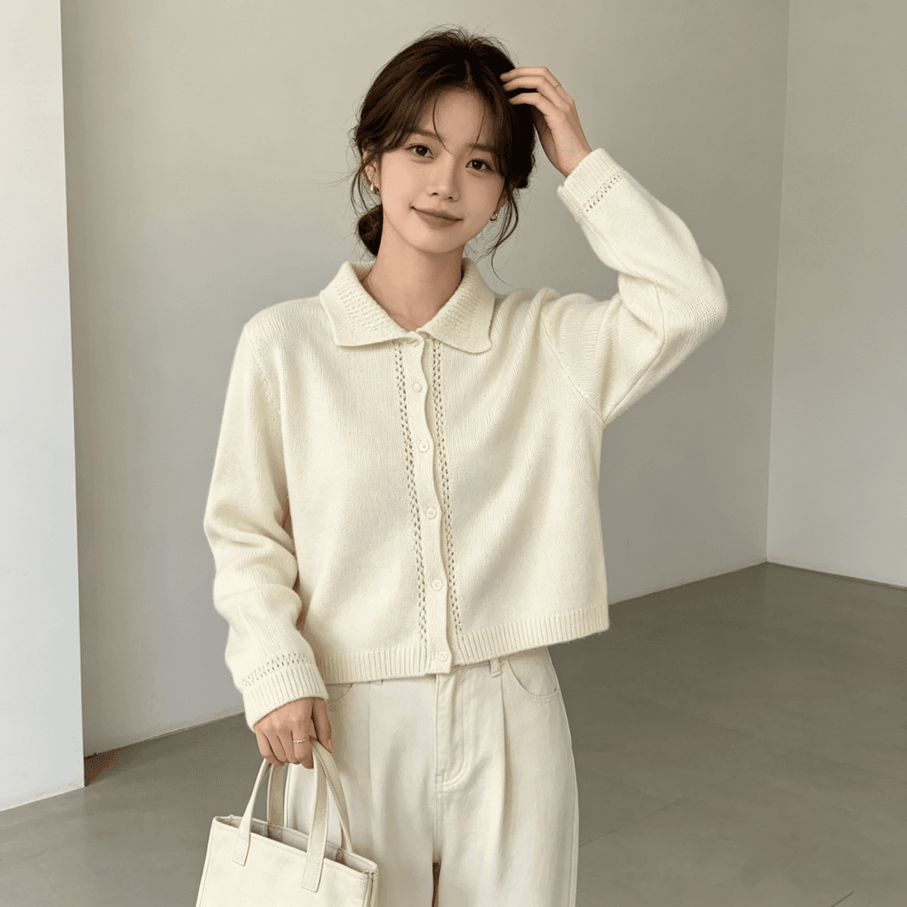 우유 토끼 행성 직접 만든 따뜻한 섬 폴로 칼라 작은 홀로우 아웃 레이스 스웨터 오픈 가디건 여성 코트 식물 플러시 버클 니트 맨위 이미지 2