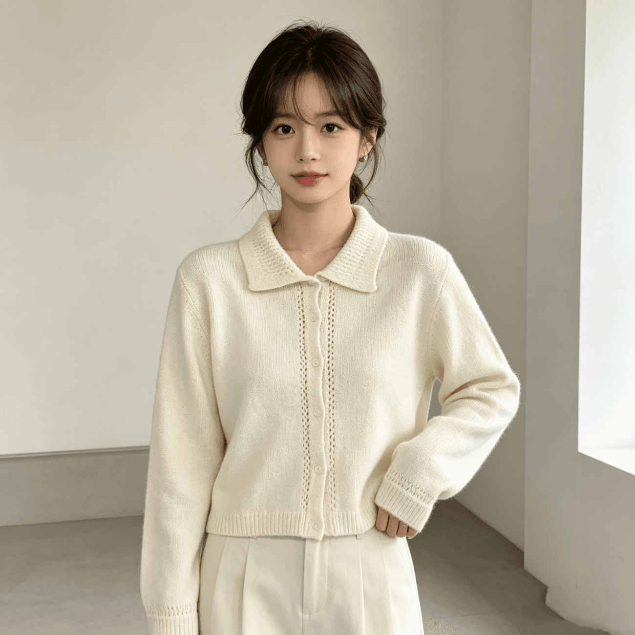 우유 토끼 행성 직접 만든 따뜻한 섬 폴로 칼라 작은 홀로우 아웃 레이스 스웨터 오픈 가디건 여성 코트 식물 플러시 버클 니트 맨위 이미지 4