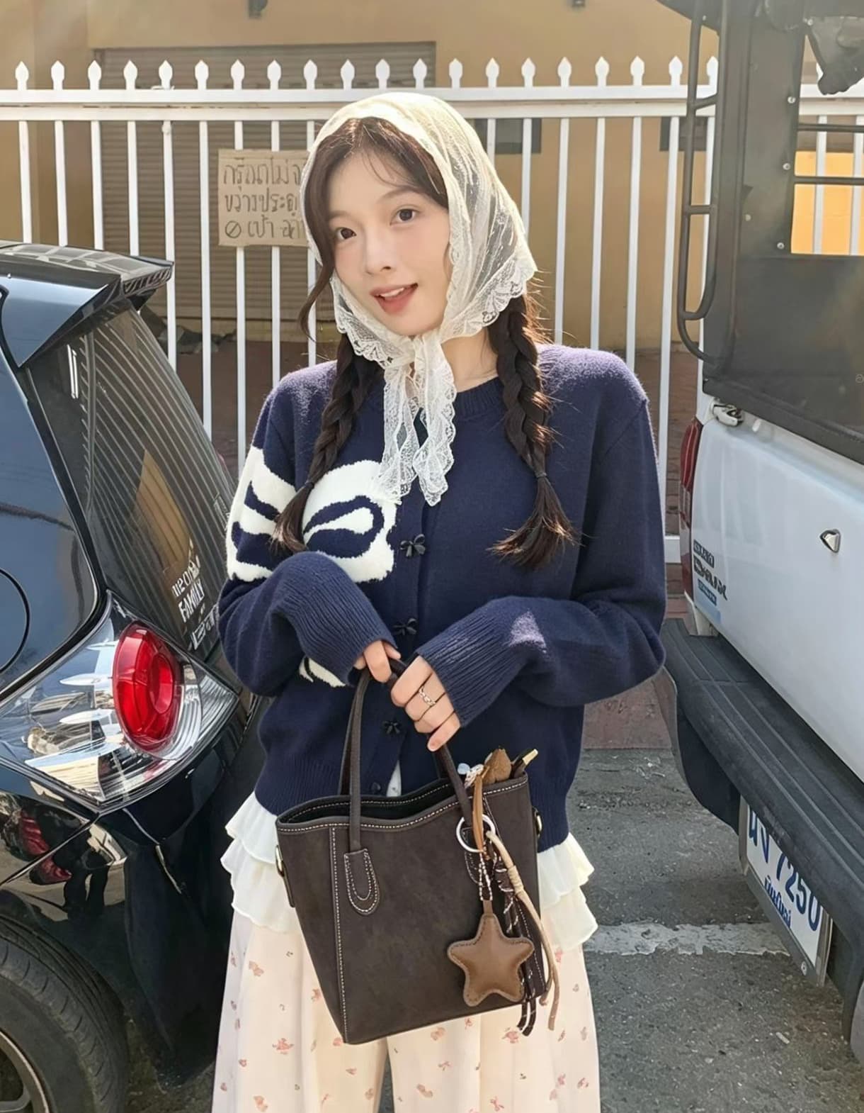 한국 chic 가을 겨울 여성 코트 프랑스식 디자인 센스 나비 매듭 프린트 패치워크 레이스 긴팔 니트 오픈 가디건 상세 이미지 7