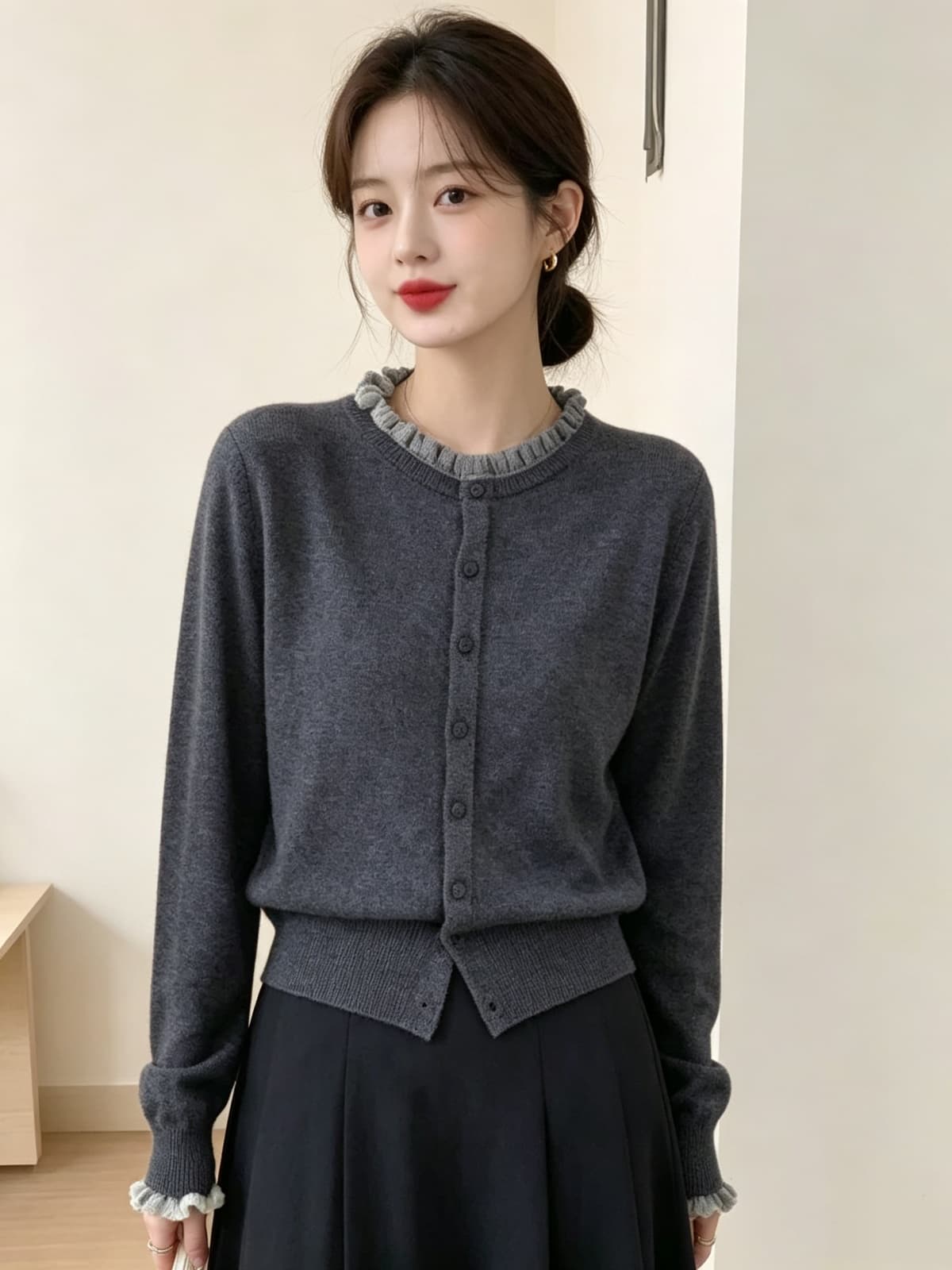 가을 겨울 새로운 달콤함 프릴 싱글 줄 버튼 니트 오픈 가디건 여성 한 부서 작은 샤넬 스타일 스웨터 코트 이미지 3