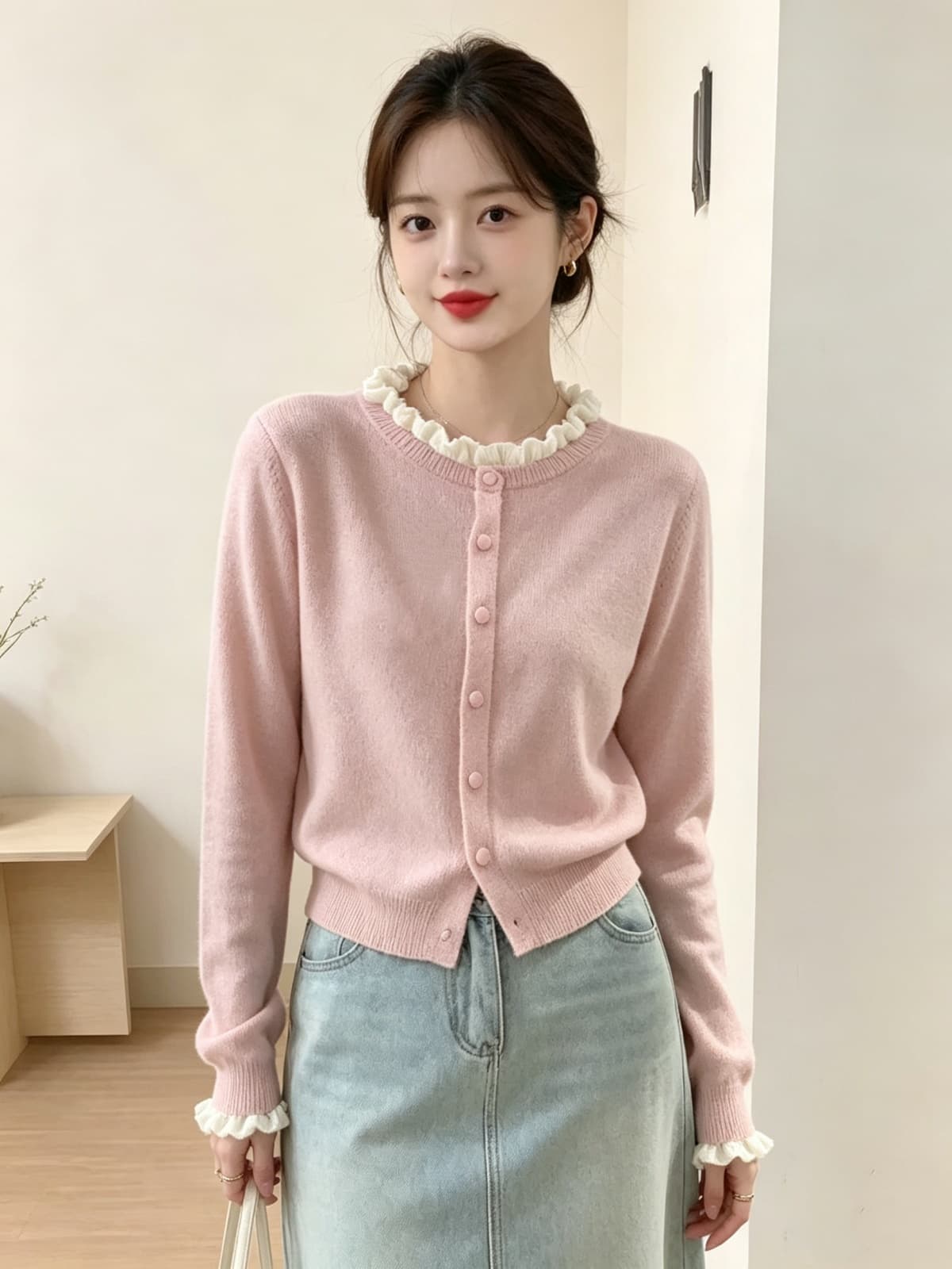 가을 겨울 새로운 달콤함 프릴 싱글 줄 버튼 니트 오픈 가디건 여성 한 부서 작은 샤넬 스타일 스웨터 코트
