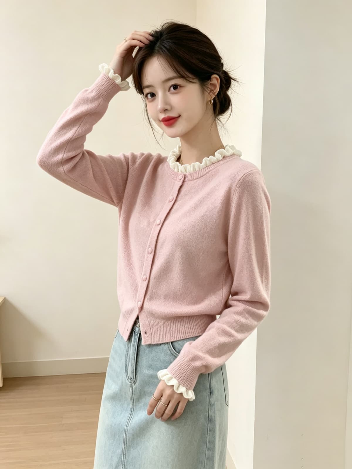 가을 겨울 새로운 달콤함 프릴 싱글 줄 버튼 니트 오픈 가디건 여성 한 부서 작은 샤넬 스타일 스웨터 코트 상세 이미지 5