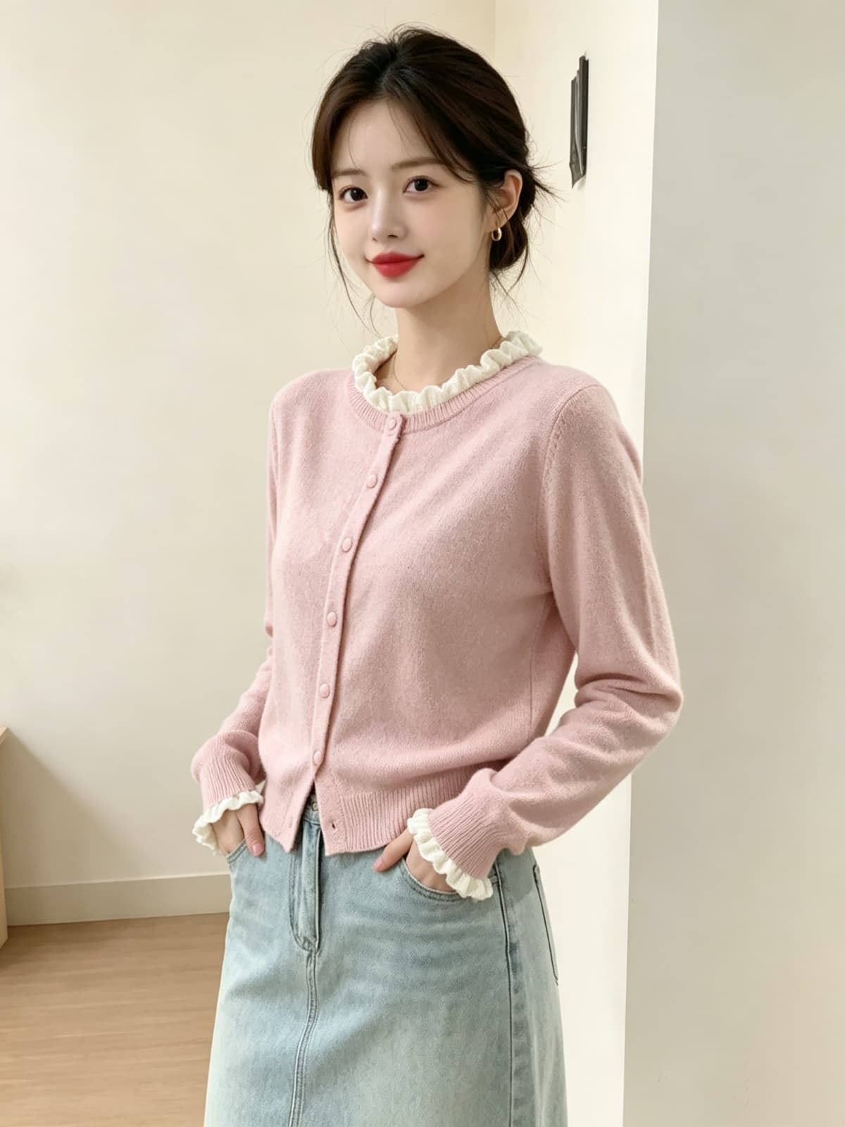 가을 겨울 새로운 달콤함 프릴 싱글 줄 버튼 니트 오픈 가디건 여성 한 부서 작은 샤넬 스타일 스웨터 코트 상세 이미지 6