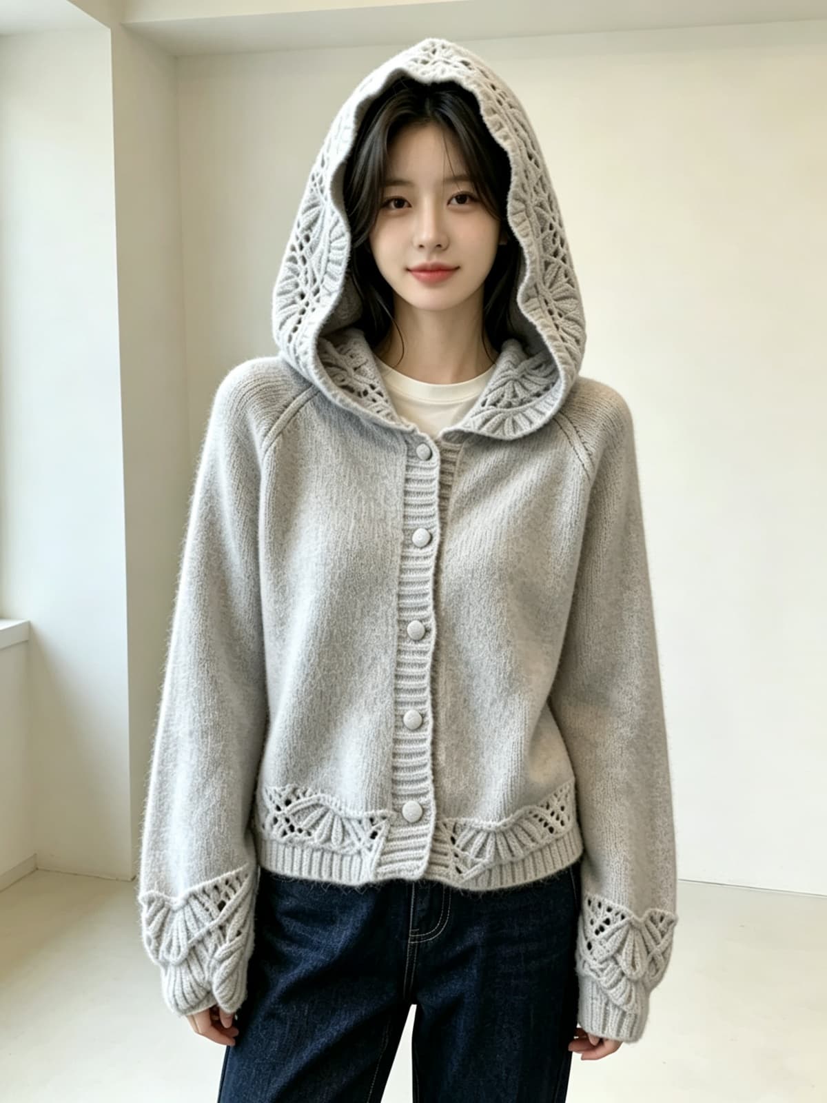 한 부서 후드 니트 오픈 가디건 여성 스웨터 코트 이미지 4