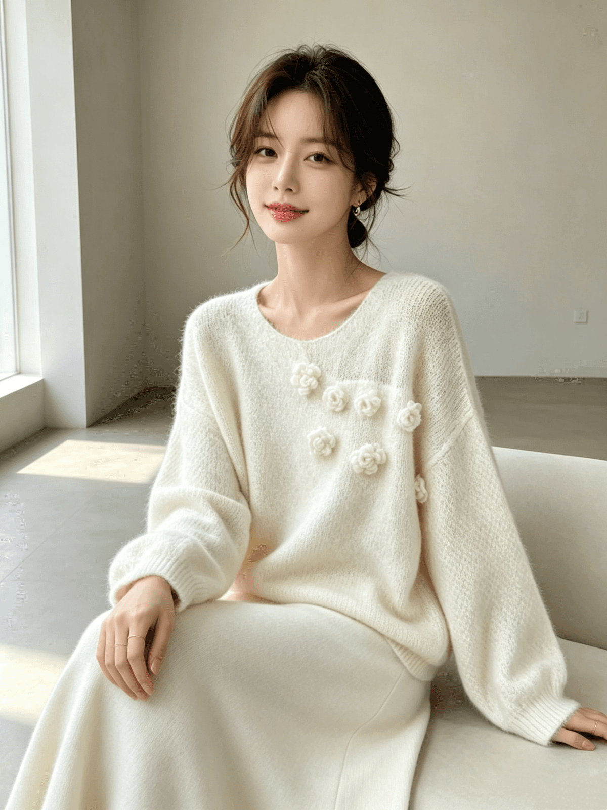 프랑스식 따뜻한 부드럽다 찹쌀 3 차원 꽃 니트 맨위 품격 슬림해 보이는 반신 스커트 투피스 세트