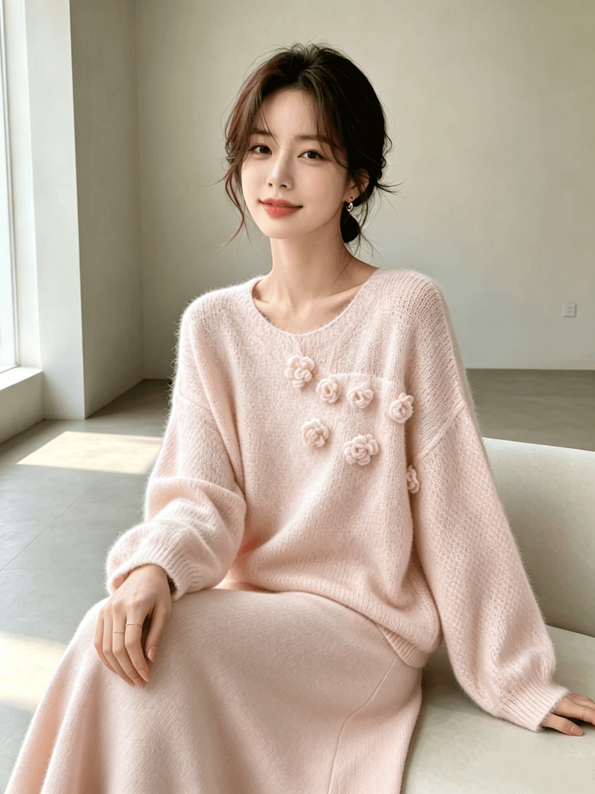 프랑스식 따뜻한 부드럽다 찹쌀 3 차원 꽃 니트 맨위 품격 슬림해 보이는 반신 스커트 투피스 세트 이미지 4