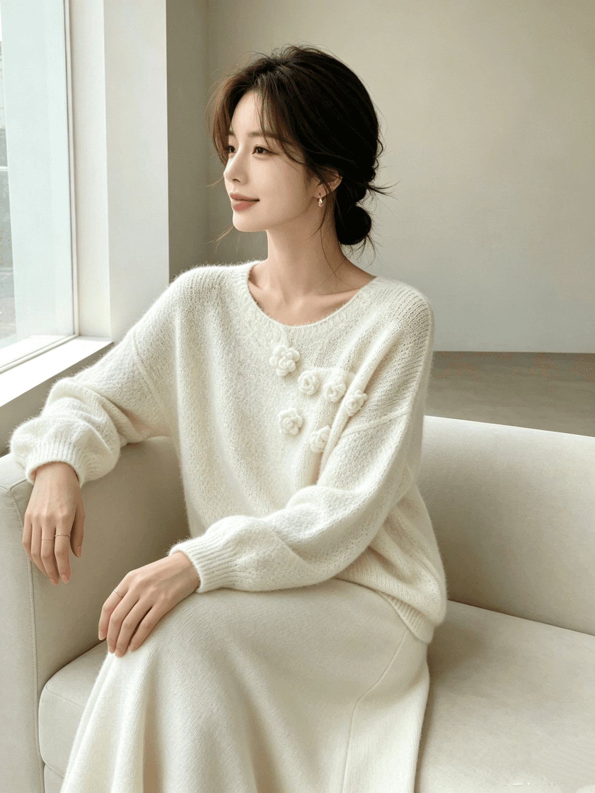 프랑스식 따뜻한 부드럽다 찹쌀 3 차원 꽃 니트 맨위 품격 슬림해 보이는 반신 스커트 투피스 세트 상세 이미지 1