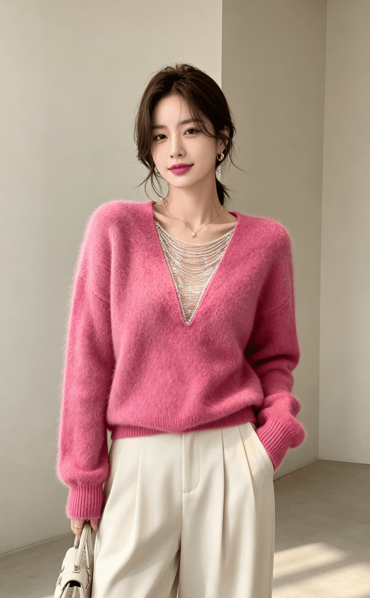 2026 년 봄 작은 키 긴팔 프랑스식 V넥 풀오버 느긋한 바람 니트 스웨터 여성 가을 어깨 소매 품격 맨위 이미지 3