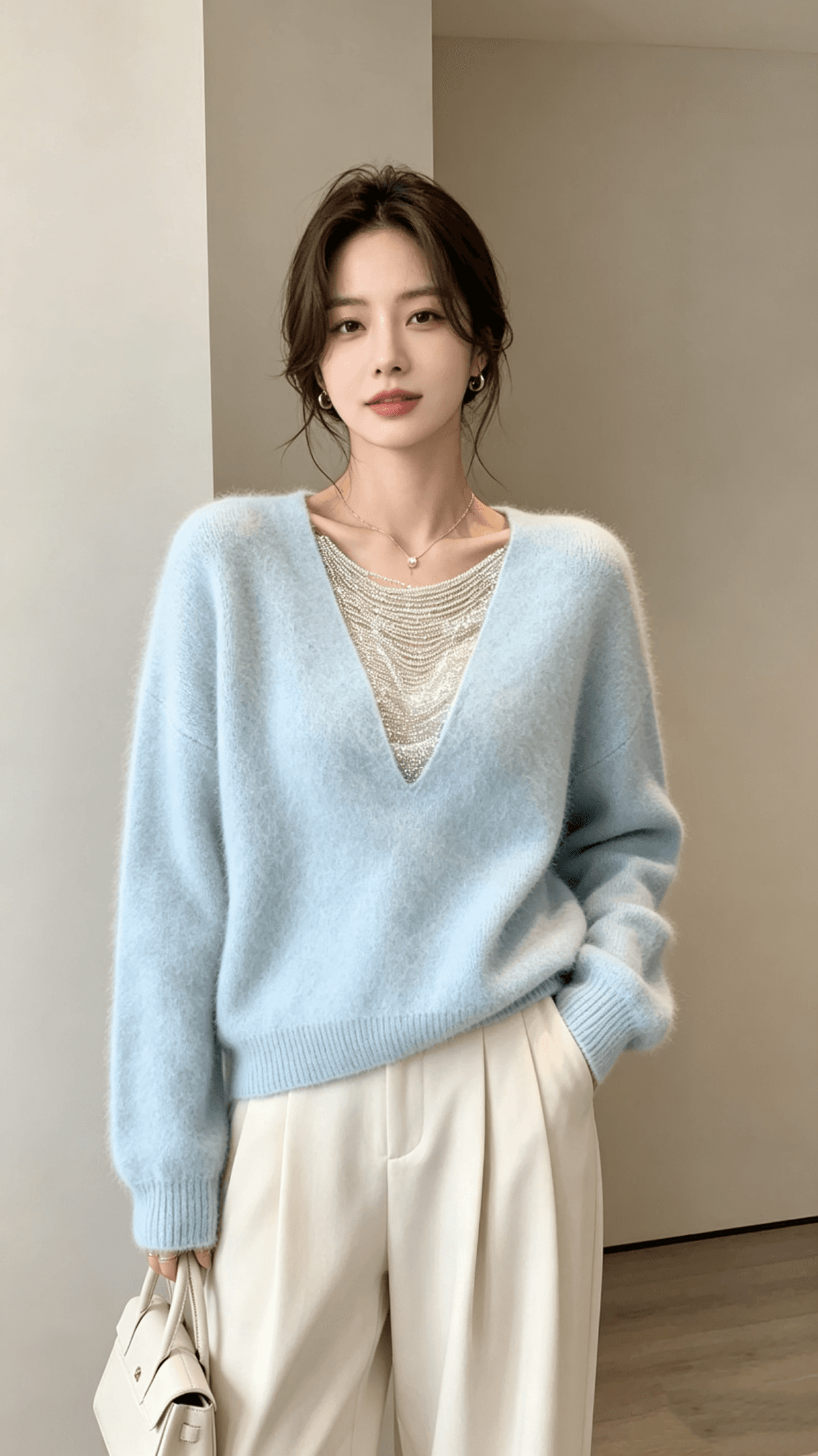 2026 년 봄 작은 키 긴팔 프랑스식 V넥 풀오버 느긋한 바람 니트 스웨터 여성 가을 어깨 소매 품격 맨위 상세 이미지 3